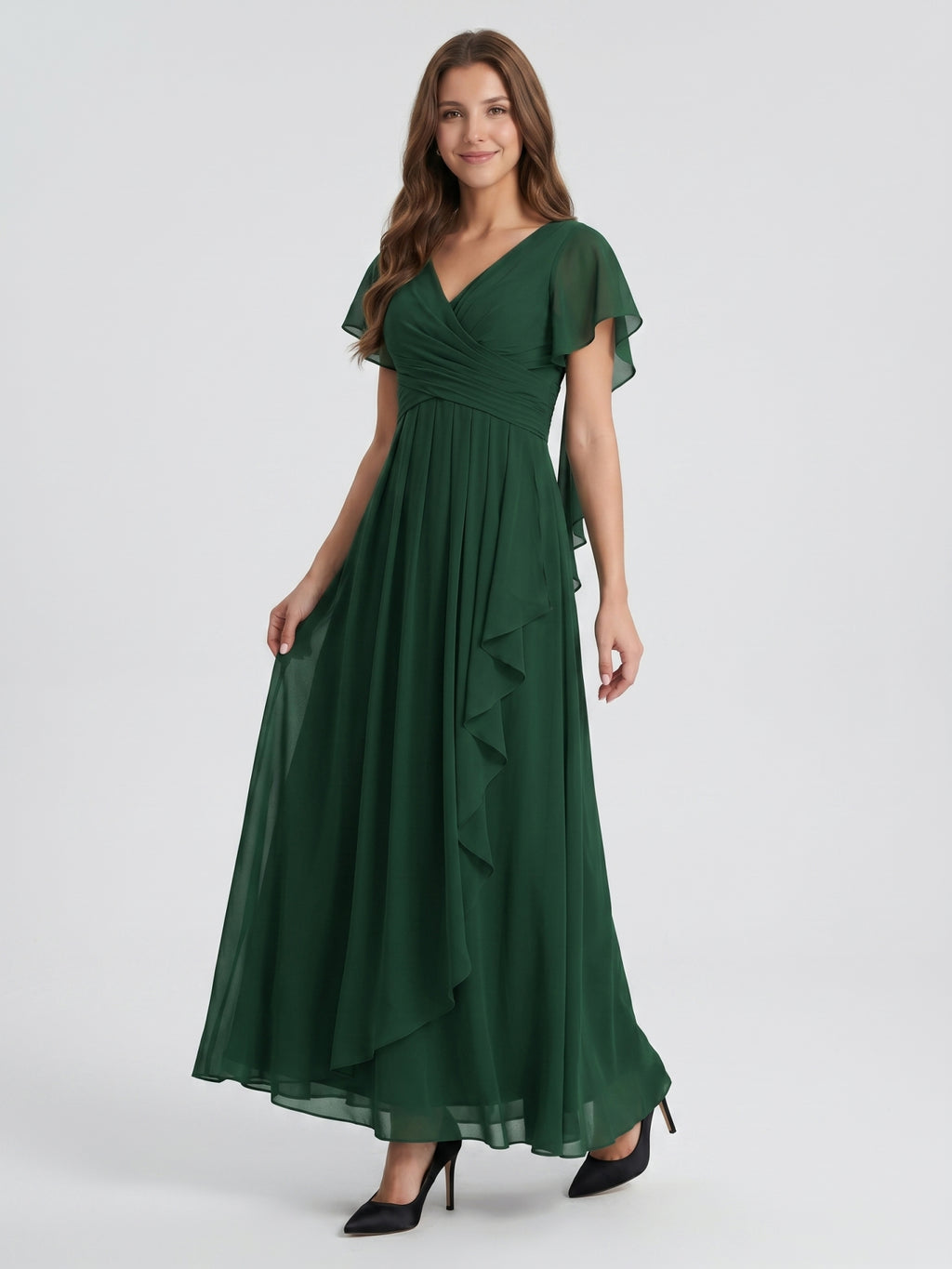 Forest Green Chiffon A-Line V-Neck Backless Floor-Length Ruffle Bridesmaid Dress