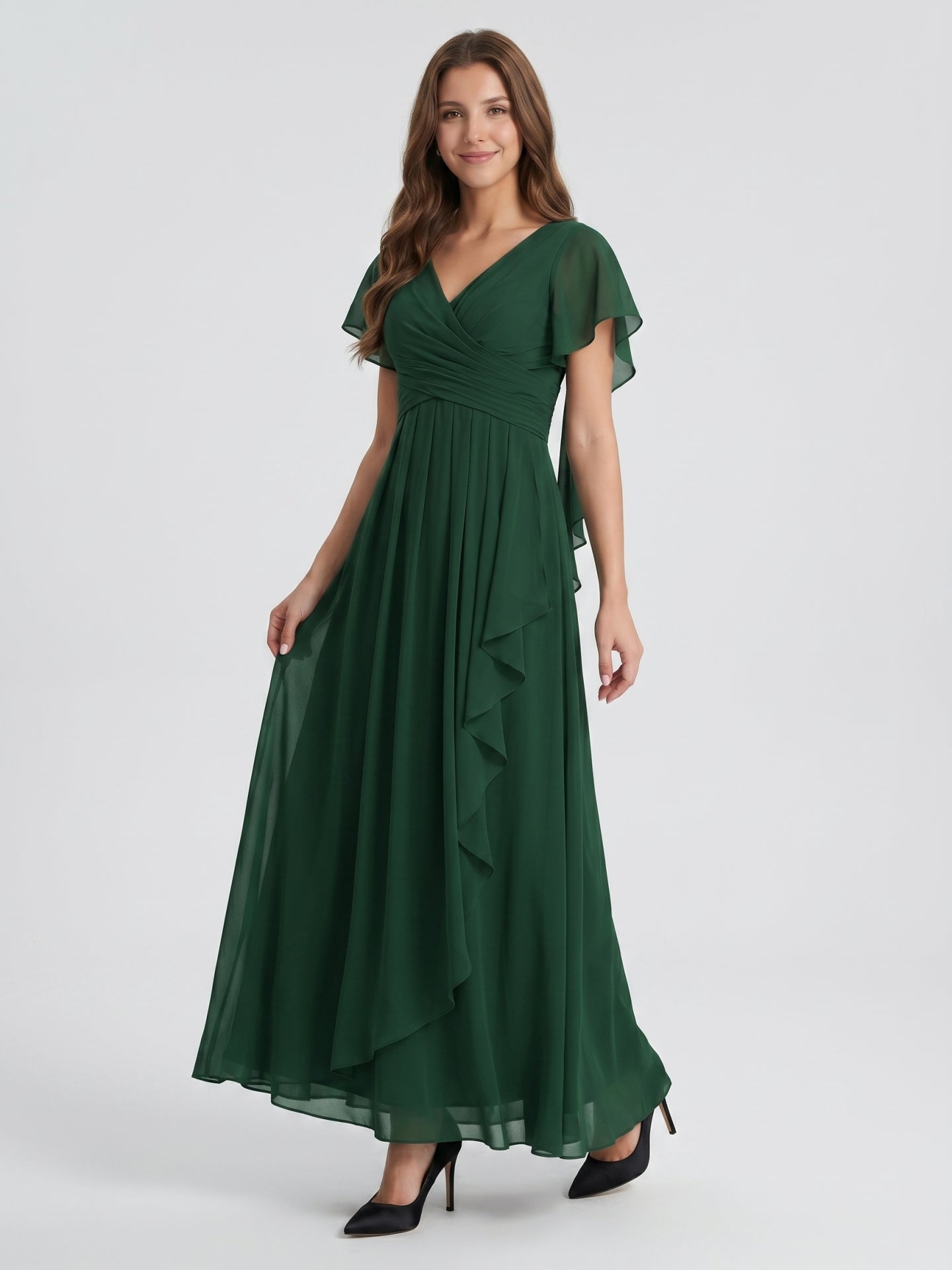 Forest Green Chiffon A-Line V-Neck Backless Floor-Length Ruffle Bridesmaid Dress