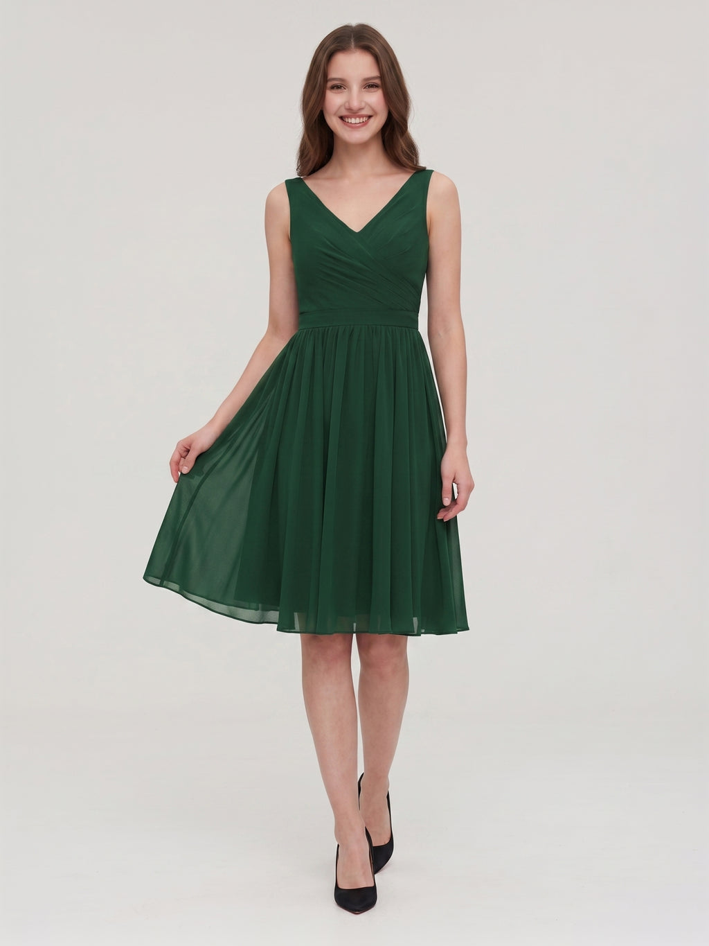 Forest Green Chiffon A-Line V-Neck V-Back Knee-Length Pleated Bridesmaid Dress
