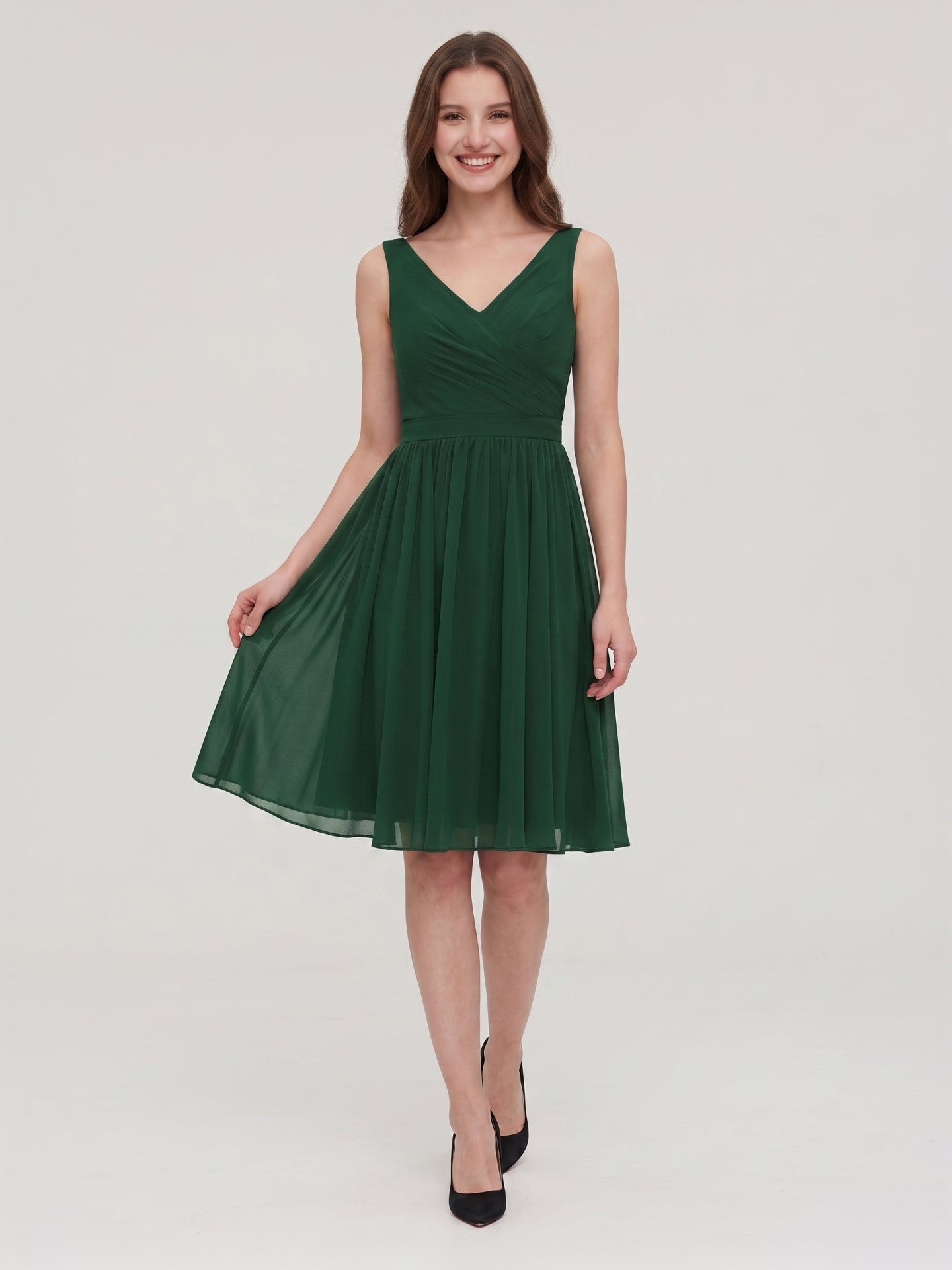 Forest Green Chiffon A-Line V-Neck V-Back Knee-Length Pleated Bridesmaid Dress