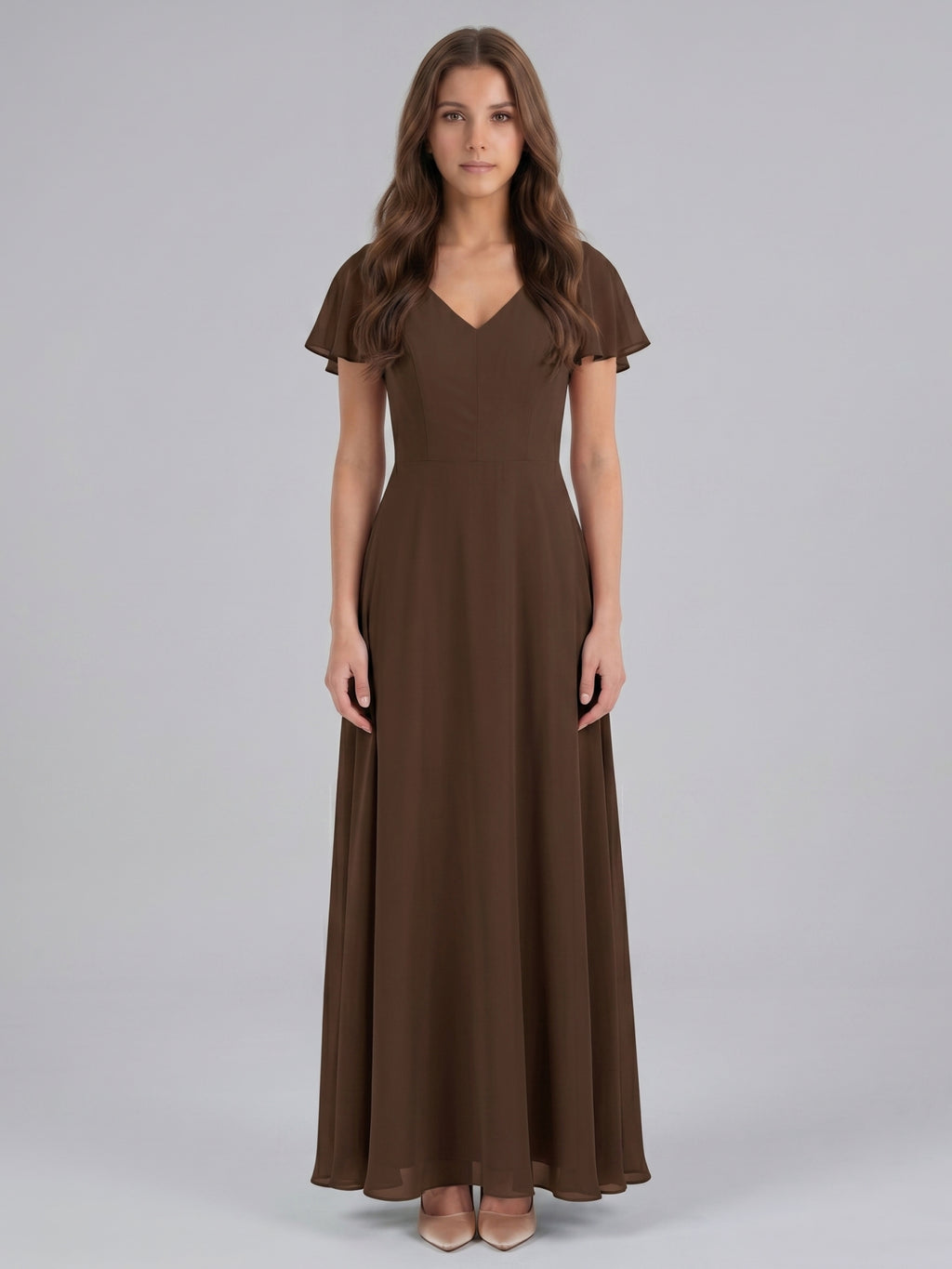 Mocha Chiffon A-Line V-Neck Keyhole Back Floor-Length Bridesmaid Dress