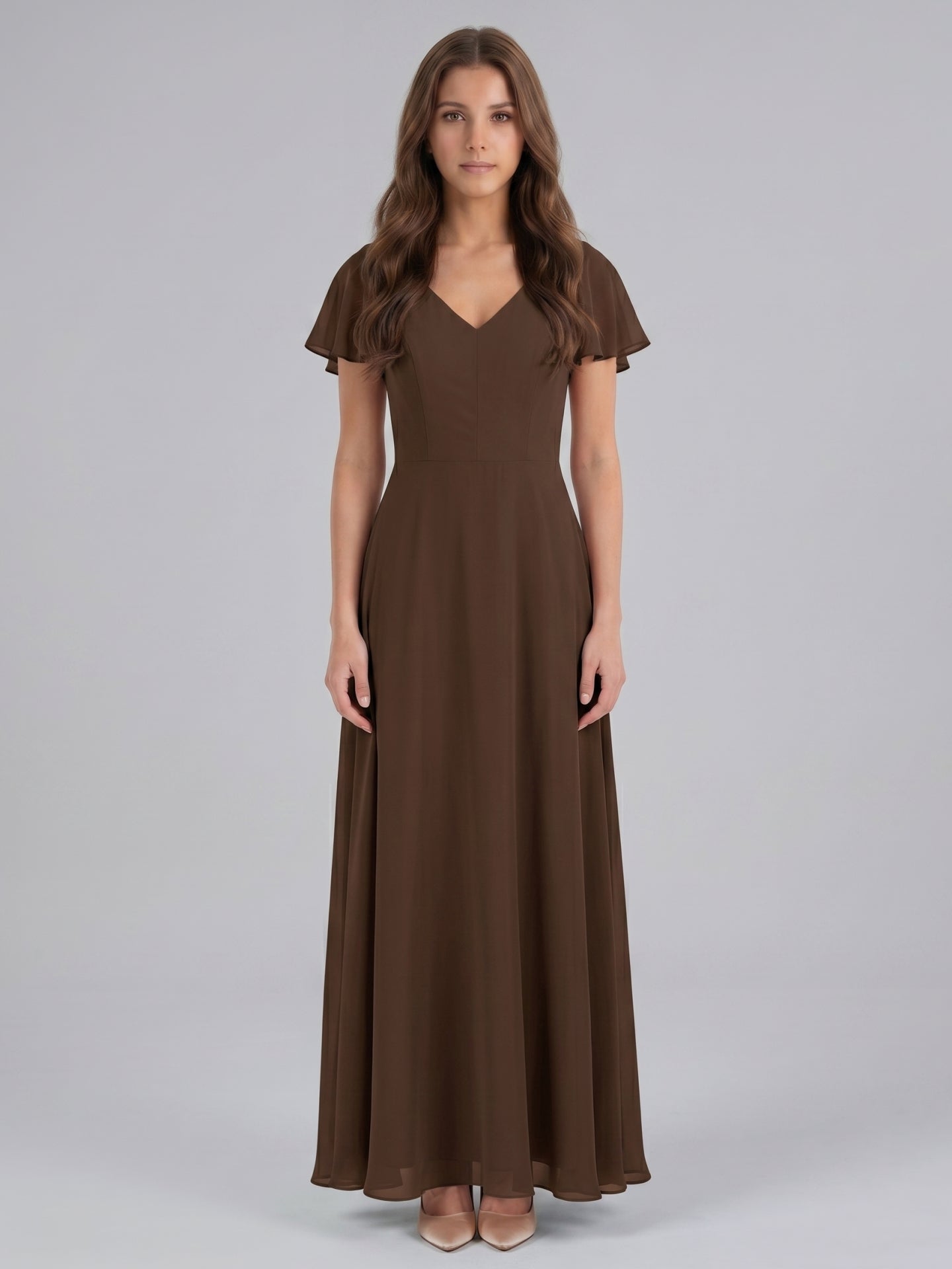 Mocha Chiffon A-Line V-Neck Keyhole Back Floor-Length Bridesmaid Dress