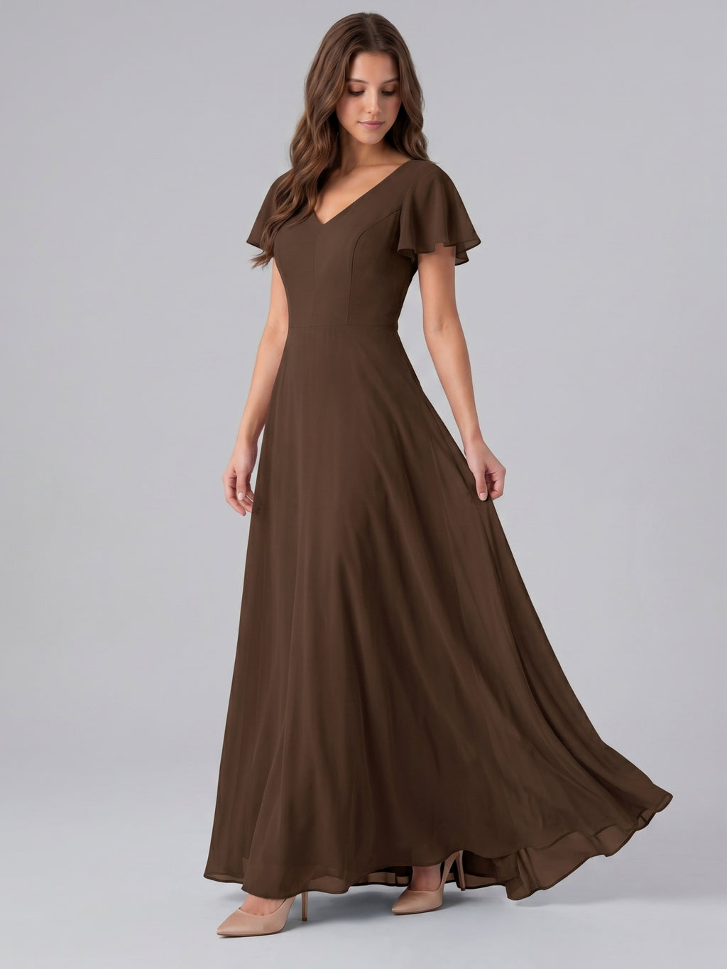 Mocha Chiffon A-Line V-Neck Keyhole Back Floor-Length Bridesmaid Dress