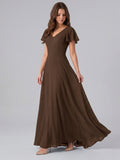 Mocha Chiffon A-Line V-Neck Keyhole Back Floor-Length Bridesmaid Dress