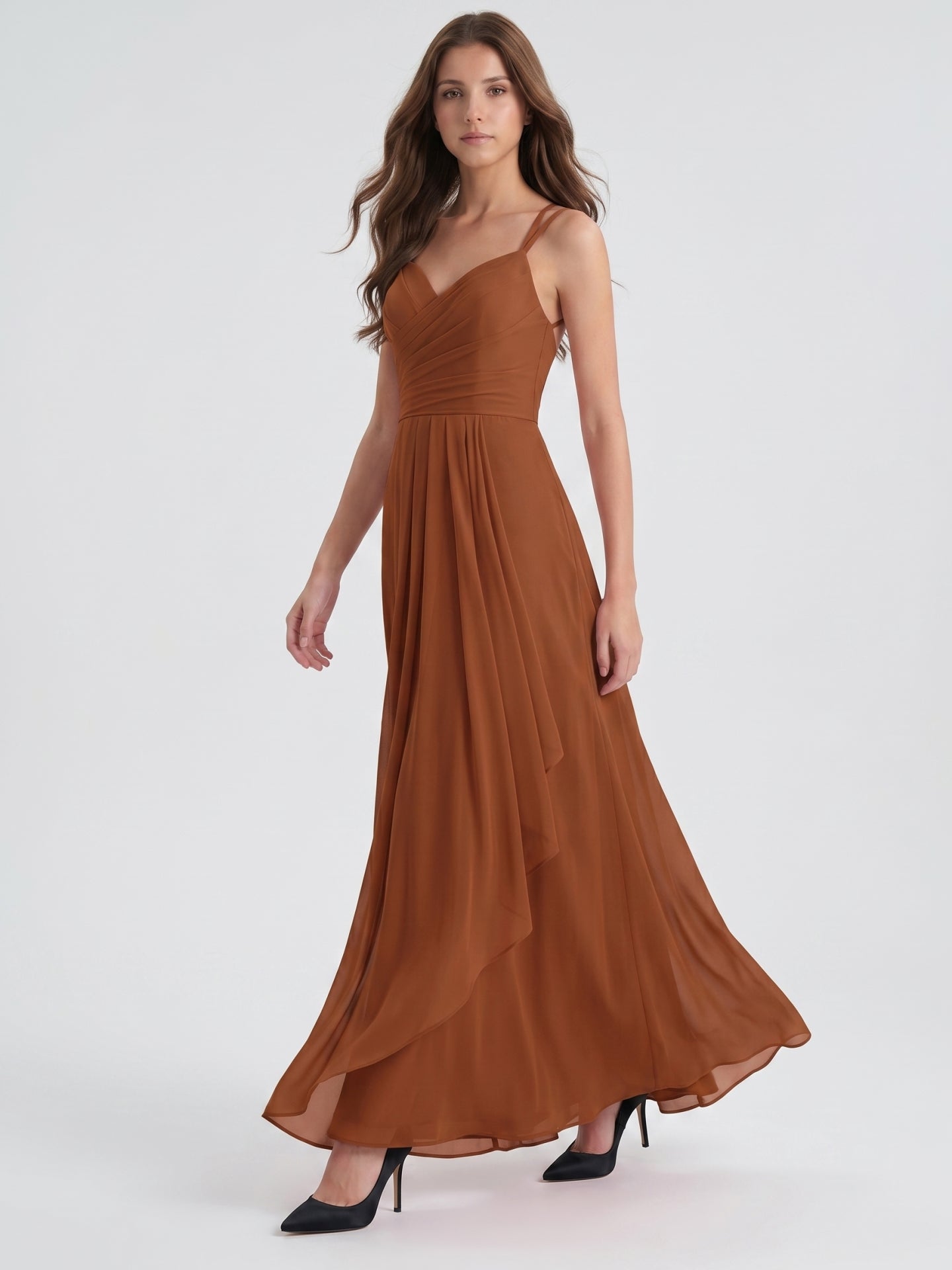 Terracotta Chiffon Sheath Sweetheart Criss-Cross Back Floor-Length Pleated Dress