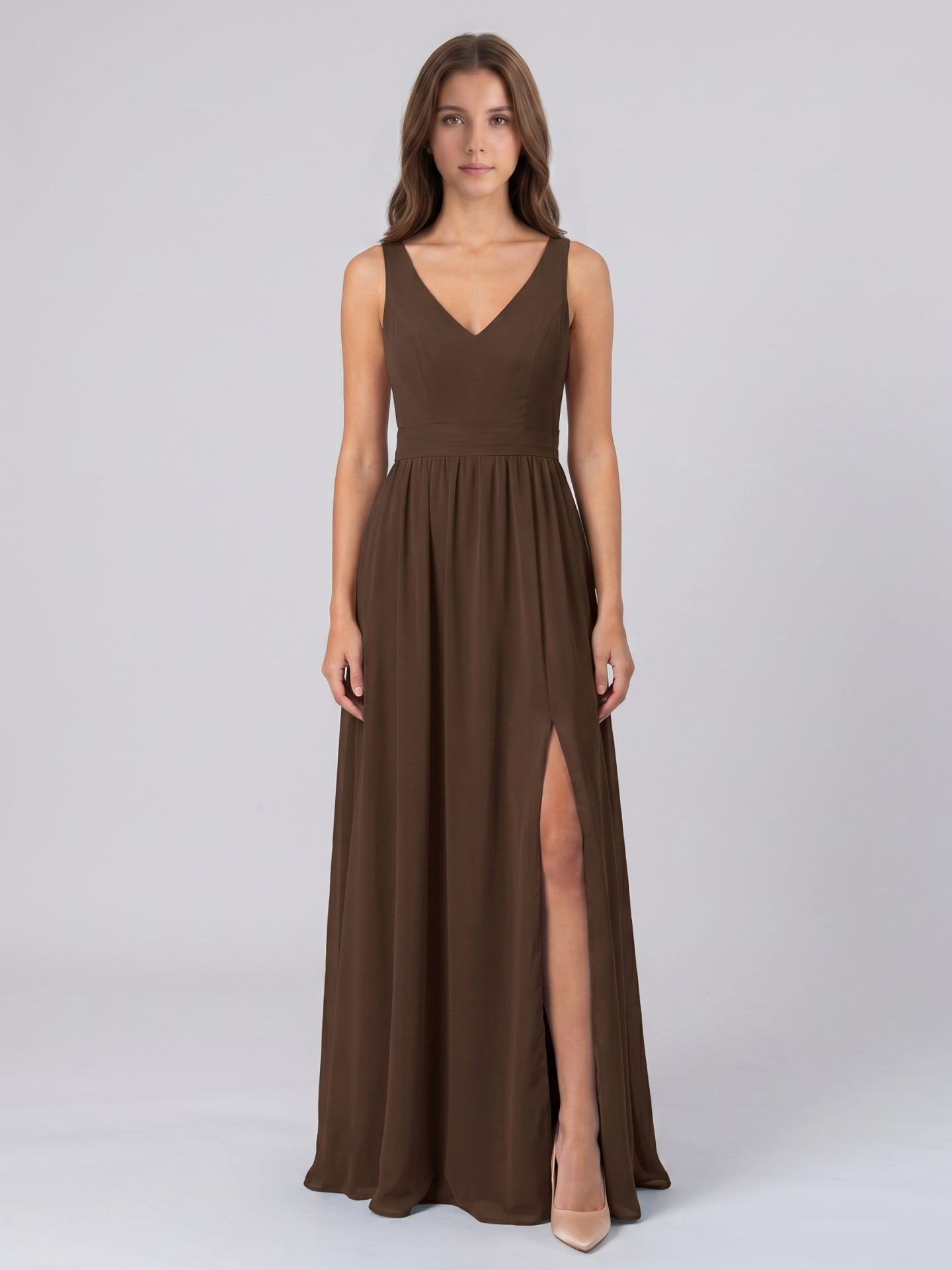 Mocha Chiffon A-Line V-Neck Backless Floor-Length Pleated Bridesmaid Dress