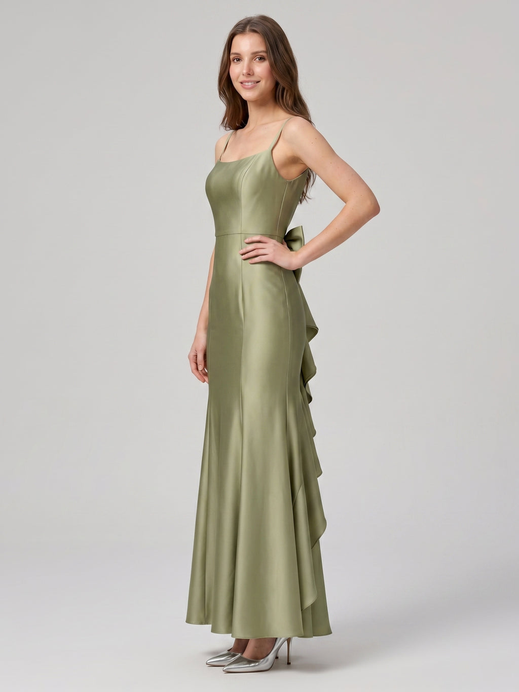 Elegant Sage Green Satin mermaid Straight Neck Backless with Bow Ankle-Length Bridesmaid Dress