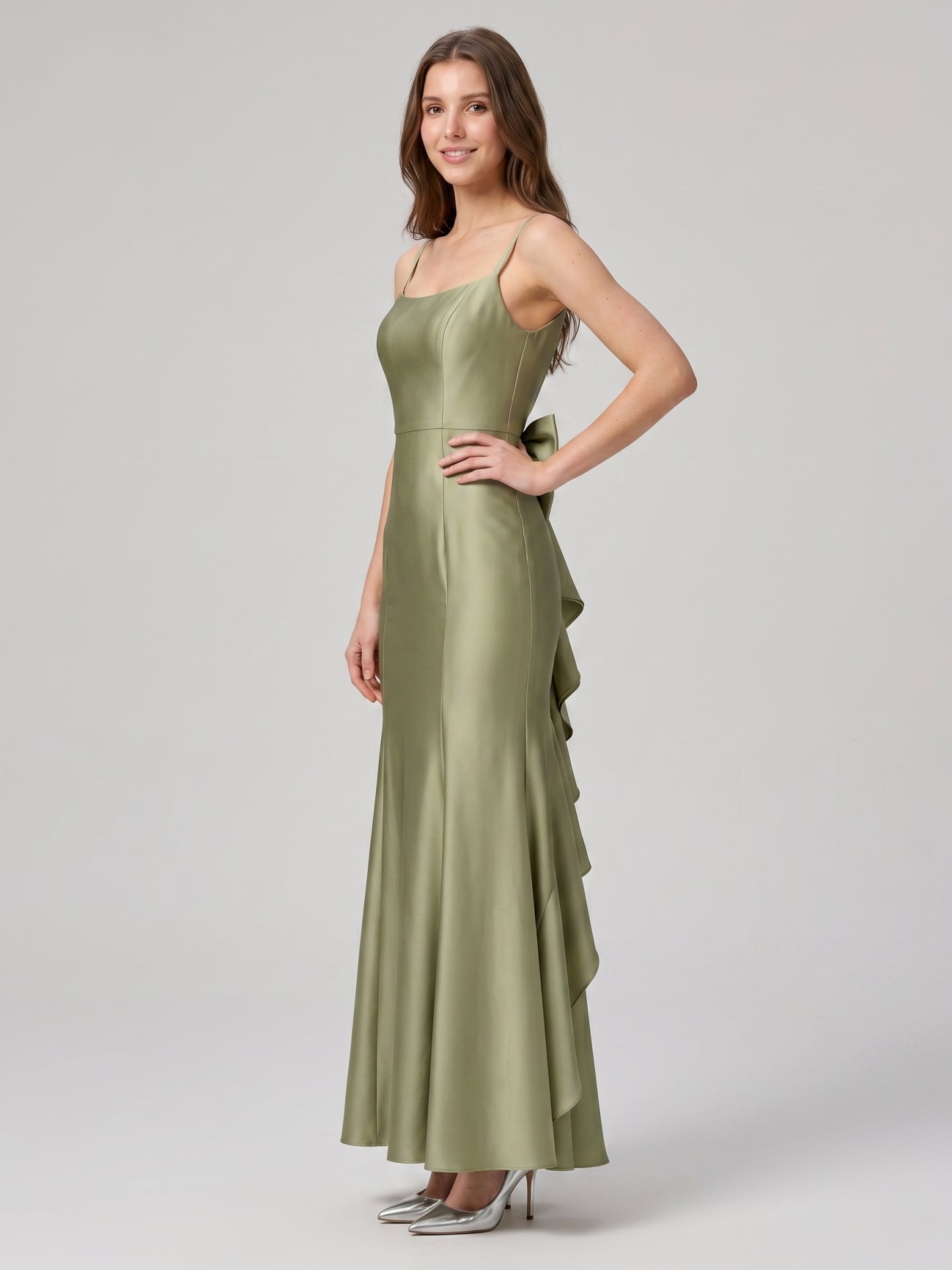 Elegant Sage Green Satin mermaid Straight Neck Backless with Bow Ankle-Length Bridesmaid Dress