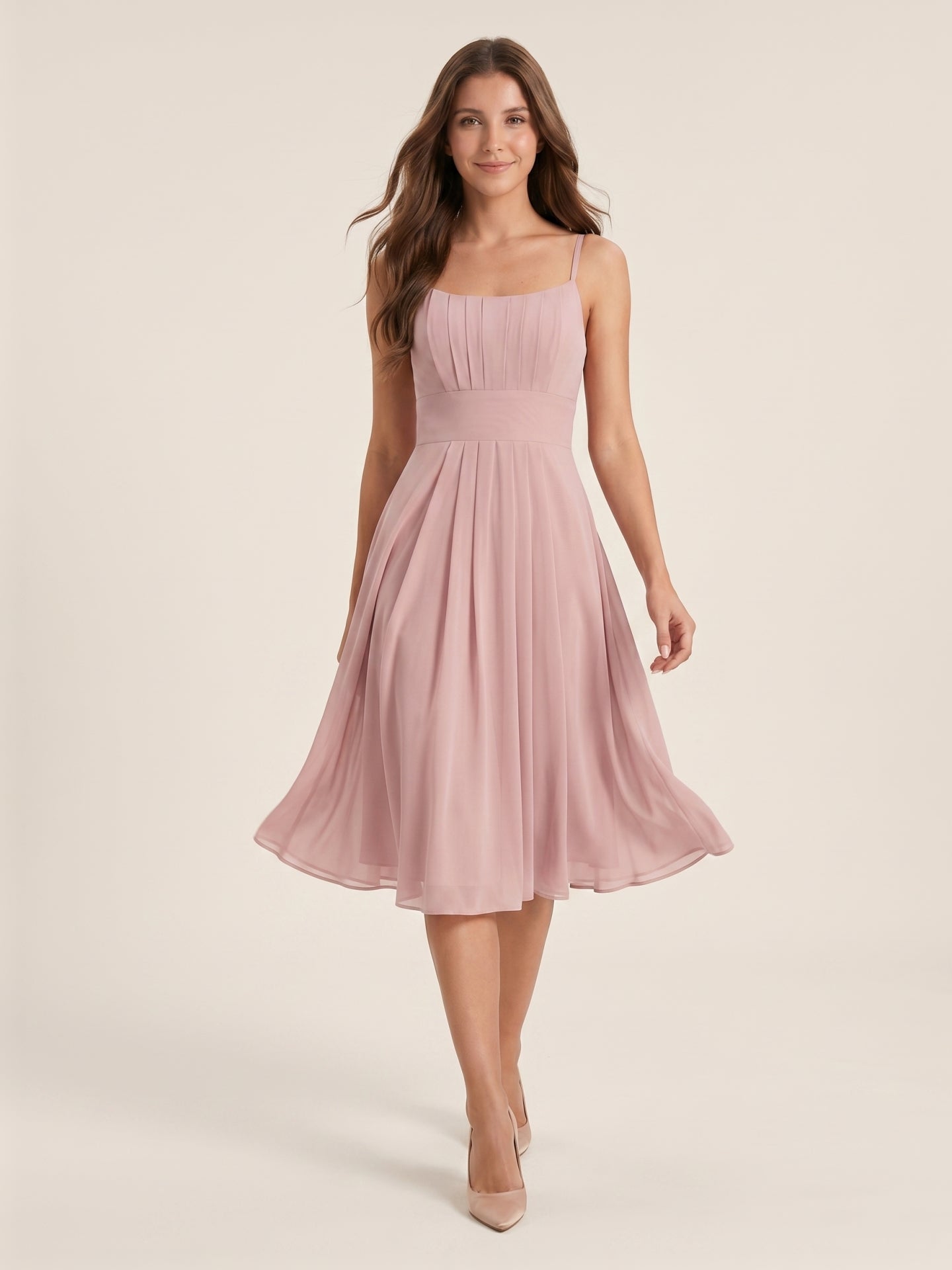 Coquette Dusty Rose Chiffon A-Line Straight Neck Back Zip with nan Knee-Length  Bridesmaid Dress