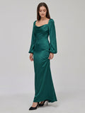 Peacock Satin Sheath Cowl Neck Back Zip Floor-Length Bridesmaid Dress
