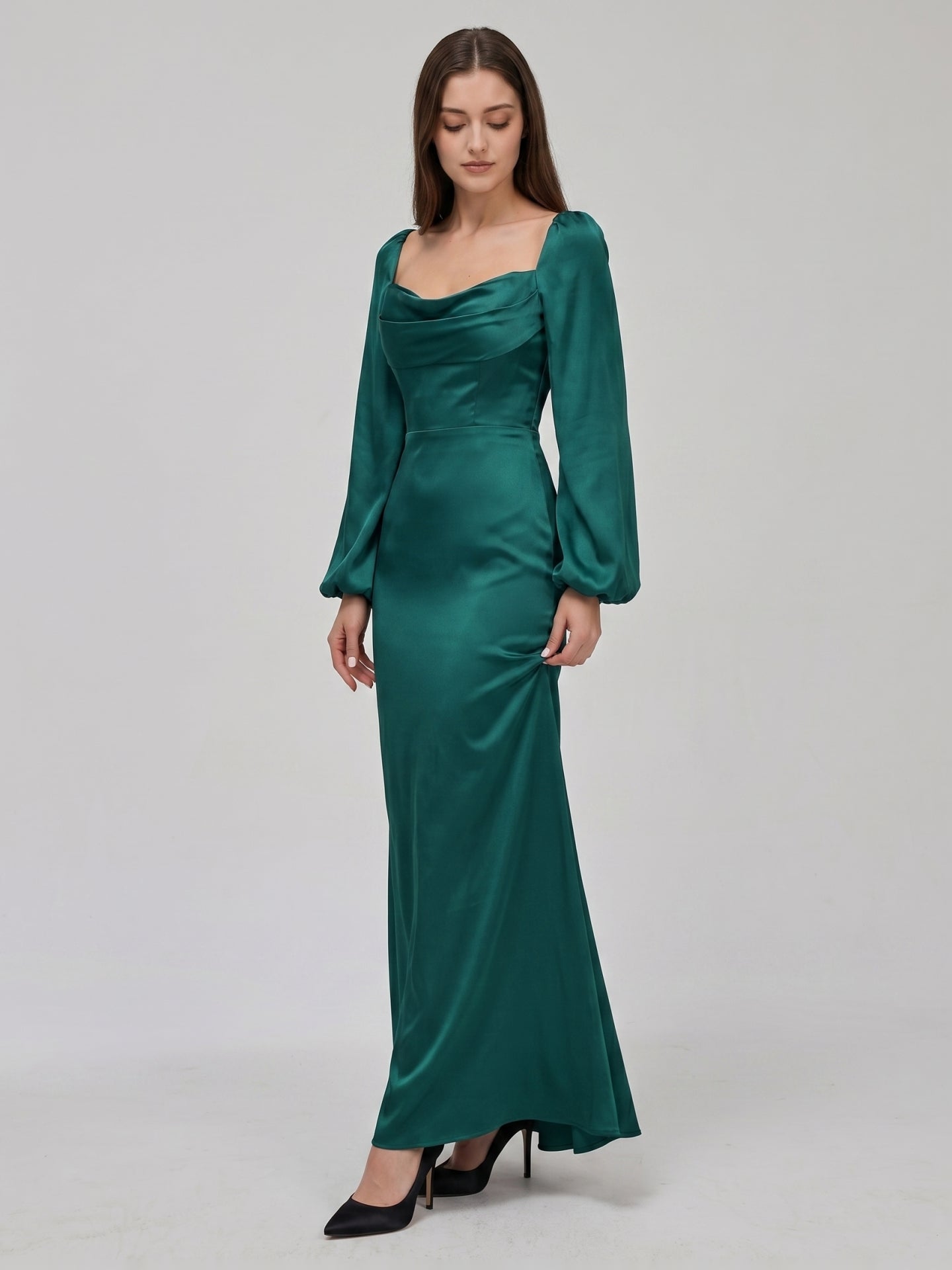 Peacock Satin Sheath Cowl Neck Back Zip Floor-Length Bridesmaid Dress