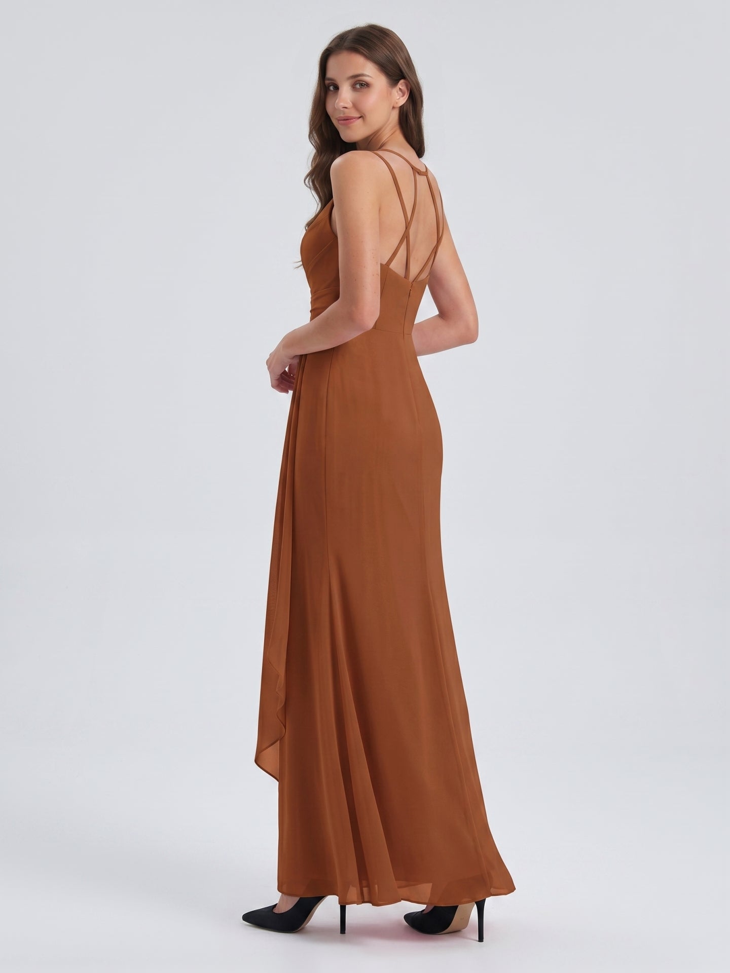 Terracotta Chiffon Sheath Sweetheart Criss-Cross Back Floor-Length Pleated Dress