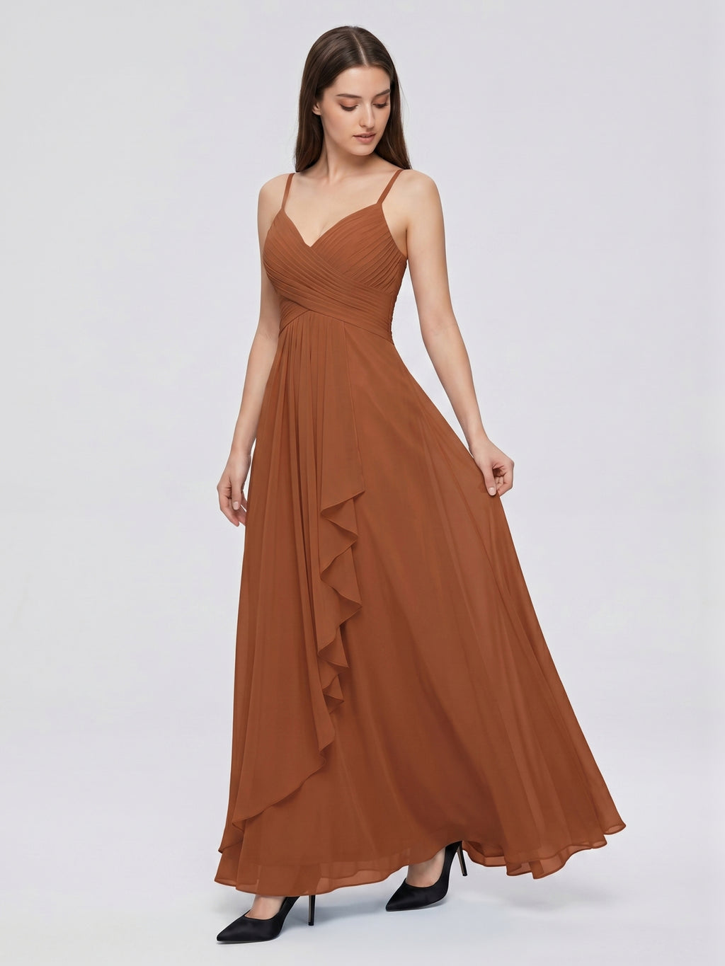 Terracotta Chiffon A-Line V-Neck Backless Floor-Length Pleated Bridesmaid Dress
