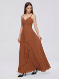Terracotta Chiffon A-Line V-Neck Backless Floor-Length Pleated Bridesmaid Dress