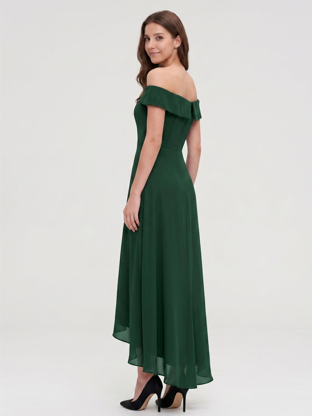 Forest Green Chiffon A-Line Off-the-Shoulder Back Zip Asymmetrical Bridesmaid Dress