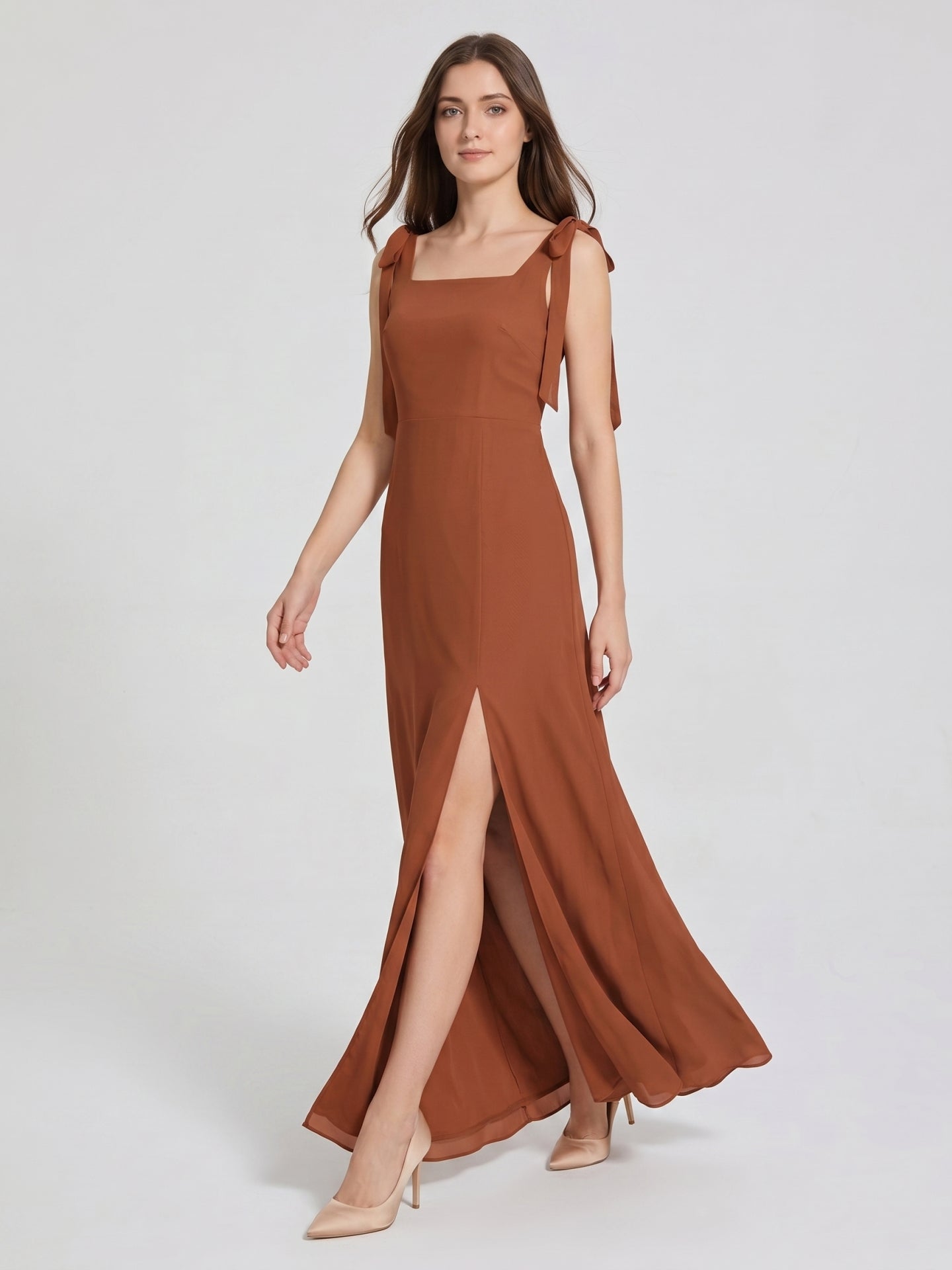 Terracotta Chiffon A-Line Square Neck Backless Floor-Length Bridesmaid Dress with Bow