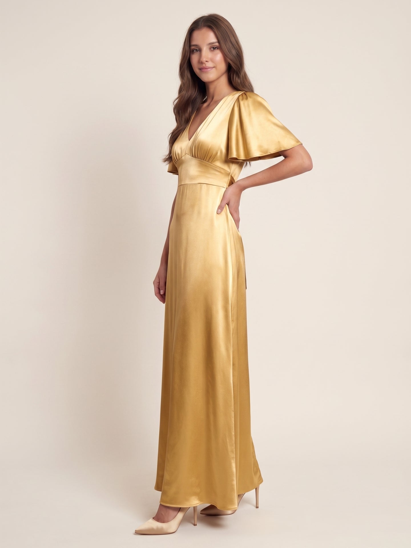Elegant Gold Satin A-Line V-Neck V-Back Ankle-Length Bridesmaid Dress