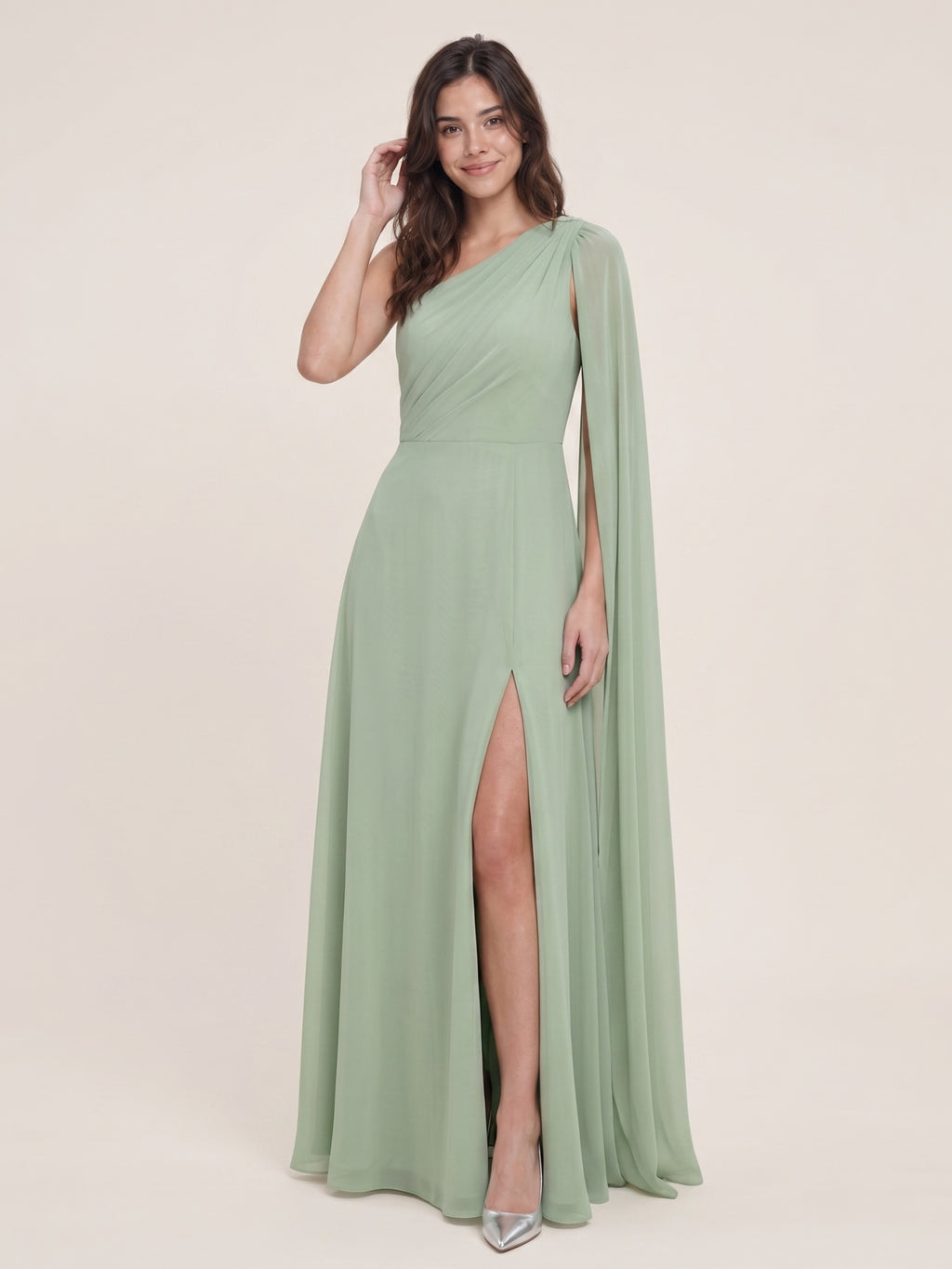Modern Dusty Sage Chiffon A-Line One Shoulder Side Zip Ankle-Length Bridesmaid Dress