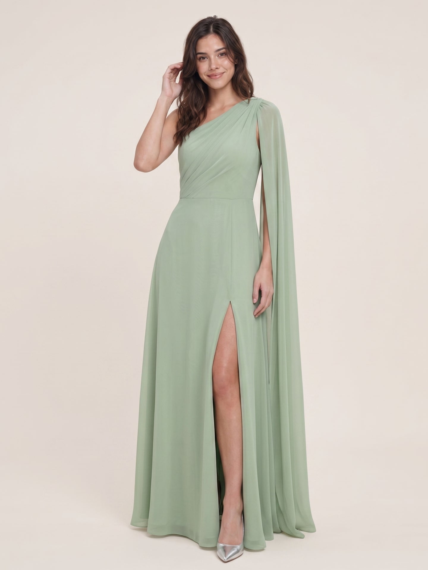 Modern Dusty Sage Chiffon A-Line One Shoulder Side Zip Ankle-Length Bridesmaid Dress