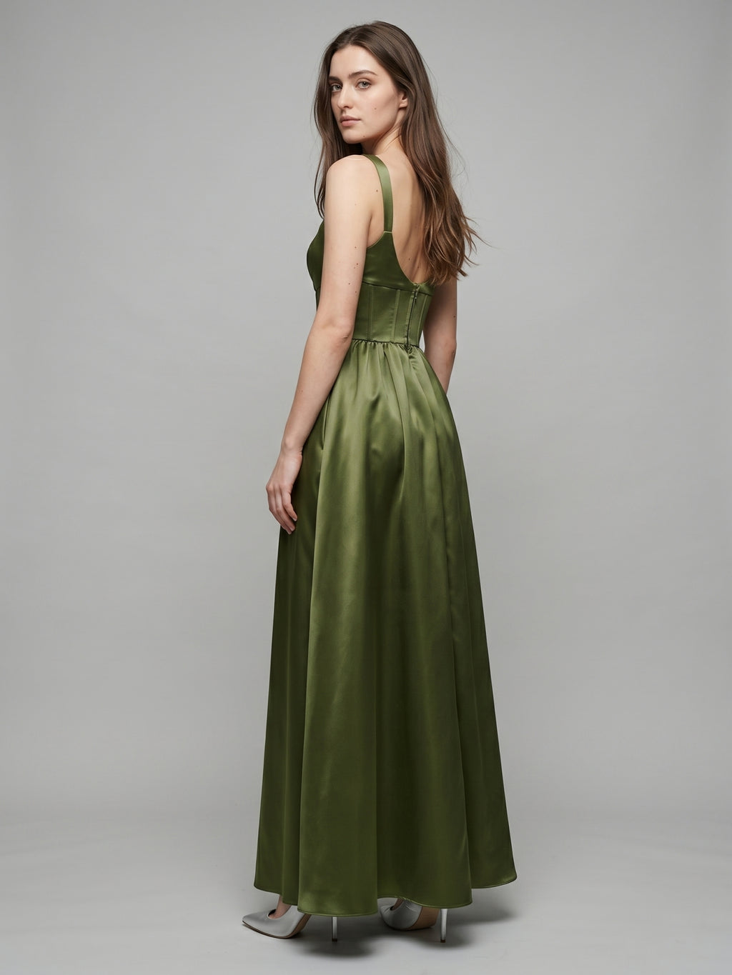 Olive Green Satin A-Line Scoop Neck Backless Floor-Length Bridesmaid Dress with Pockets