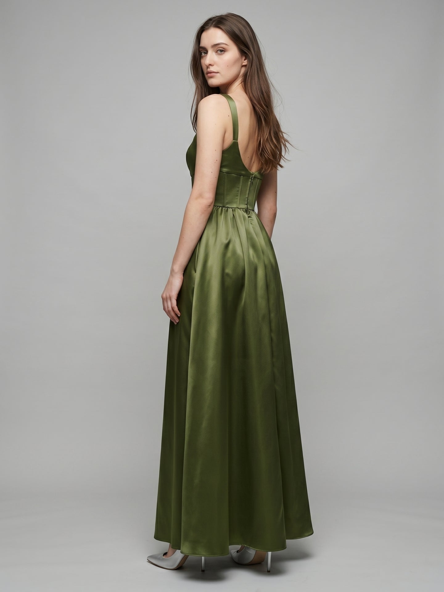 Olive Green Satin A-Line Scoop Neck Backless Floor-Length Bridesmaid Dress with Pockets