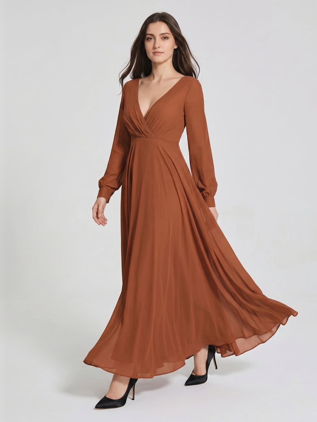 Terracotta Chiffon A-Line V-Neck Back Zip Floor-Length Pleated Bridesmaid Dress