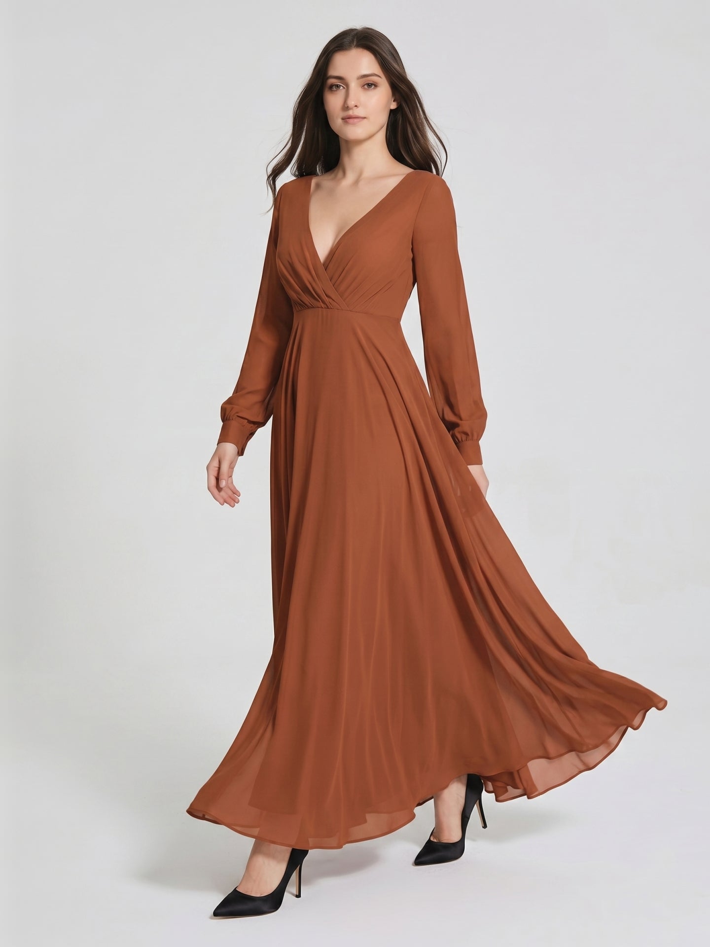 Terracotta Chiffon A-Line V-Neck Back Zip Floor-Length Pleated Bridesmaid Dress
