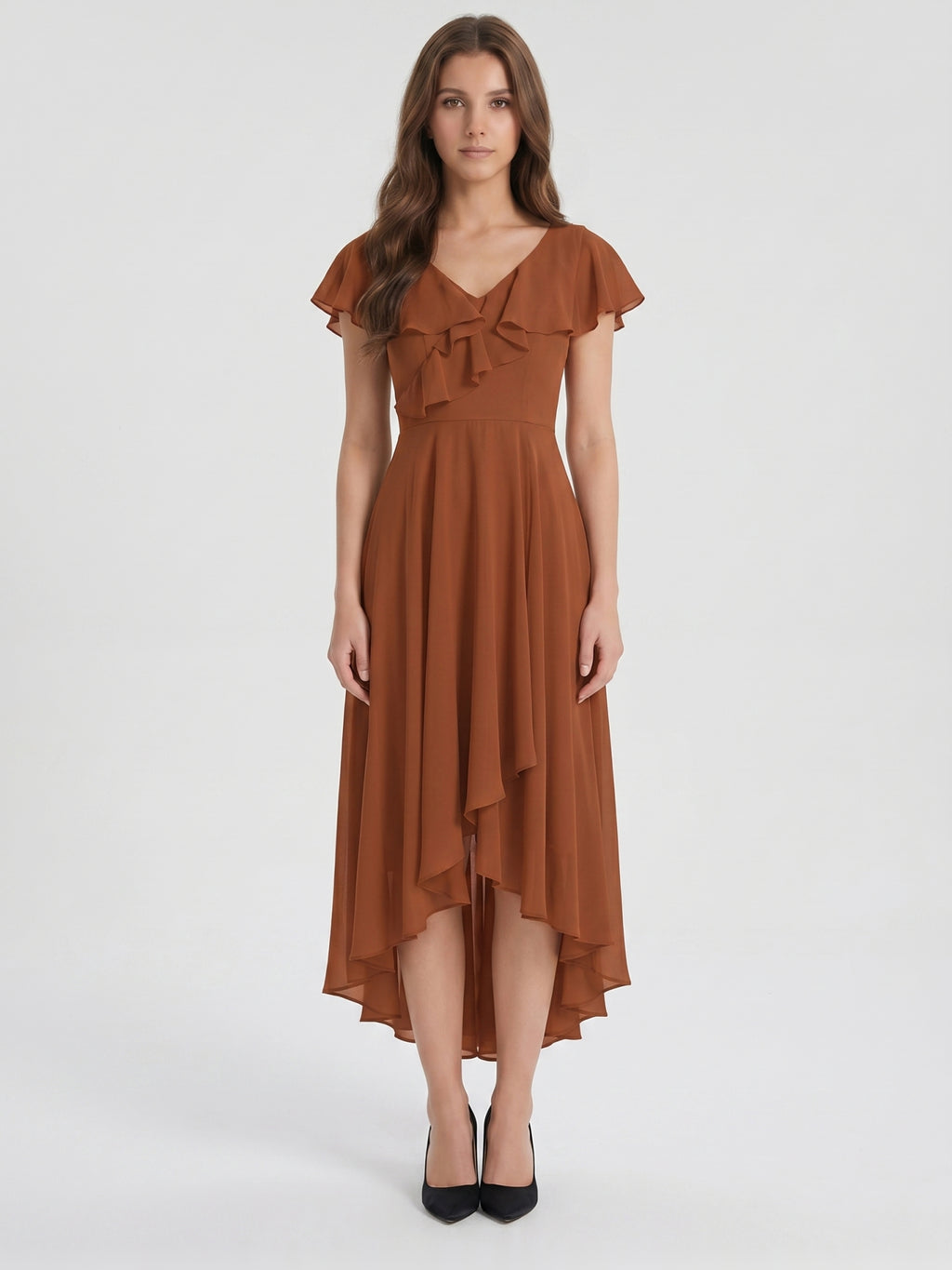 Terracotta Chiffon A-Line V-Neck V-Back Asymmetrical Ruffle Bridesmaid Dress