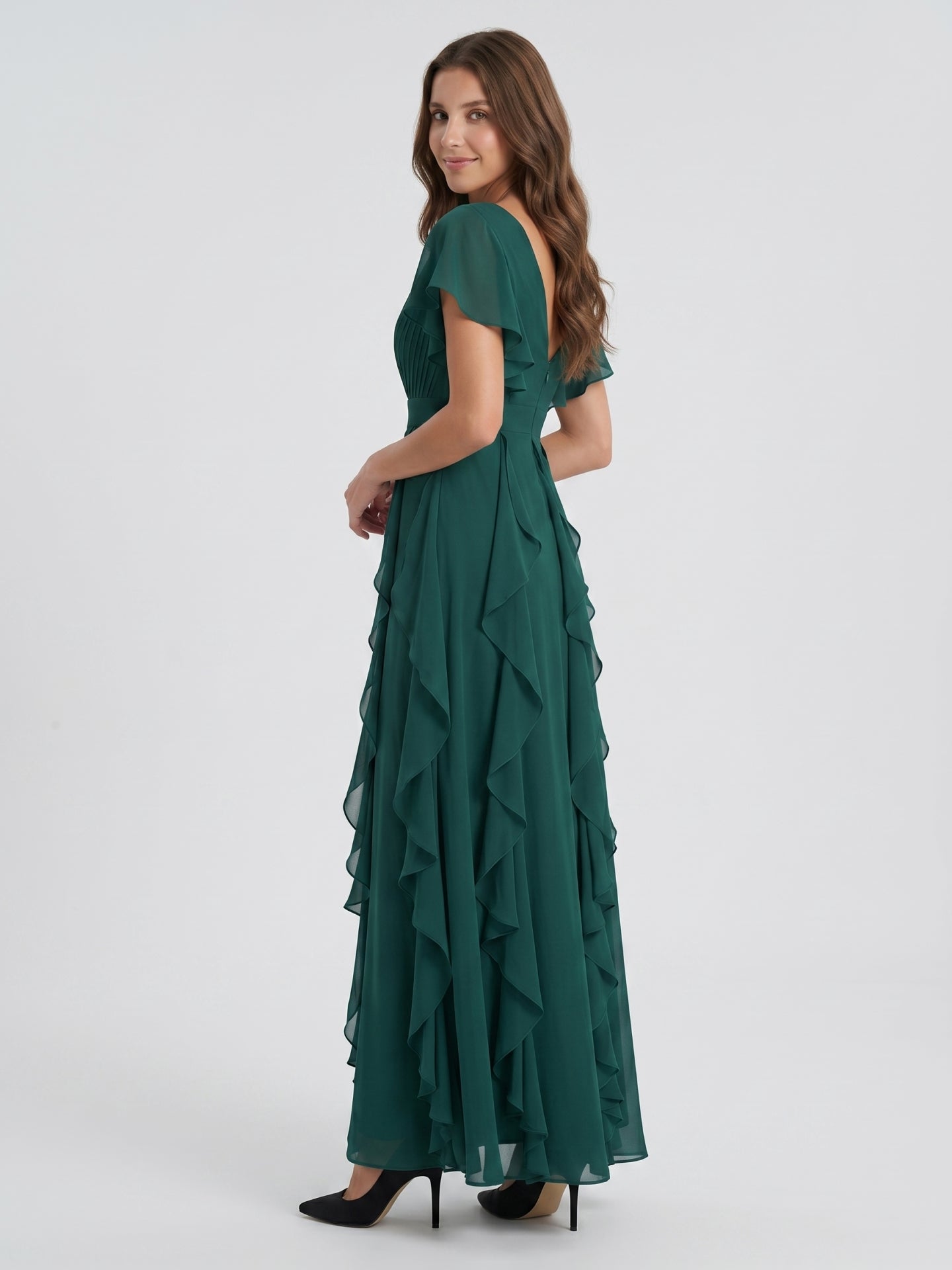 Peacock Chiffon A-Line V-Neck V-Back Floor-Length Ruffle Bridesmaid Dress