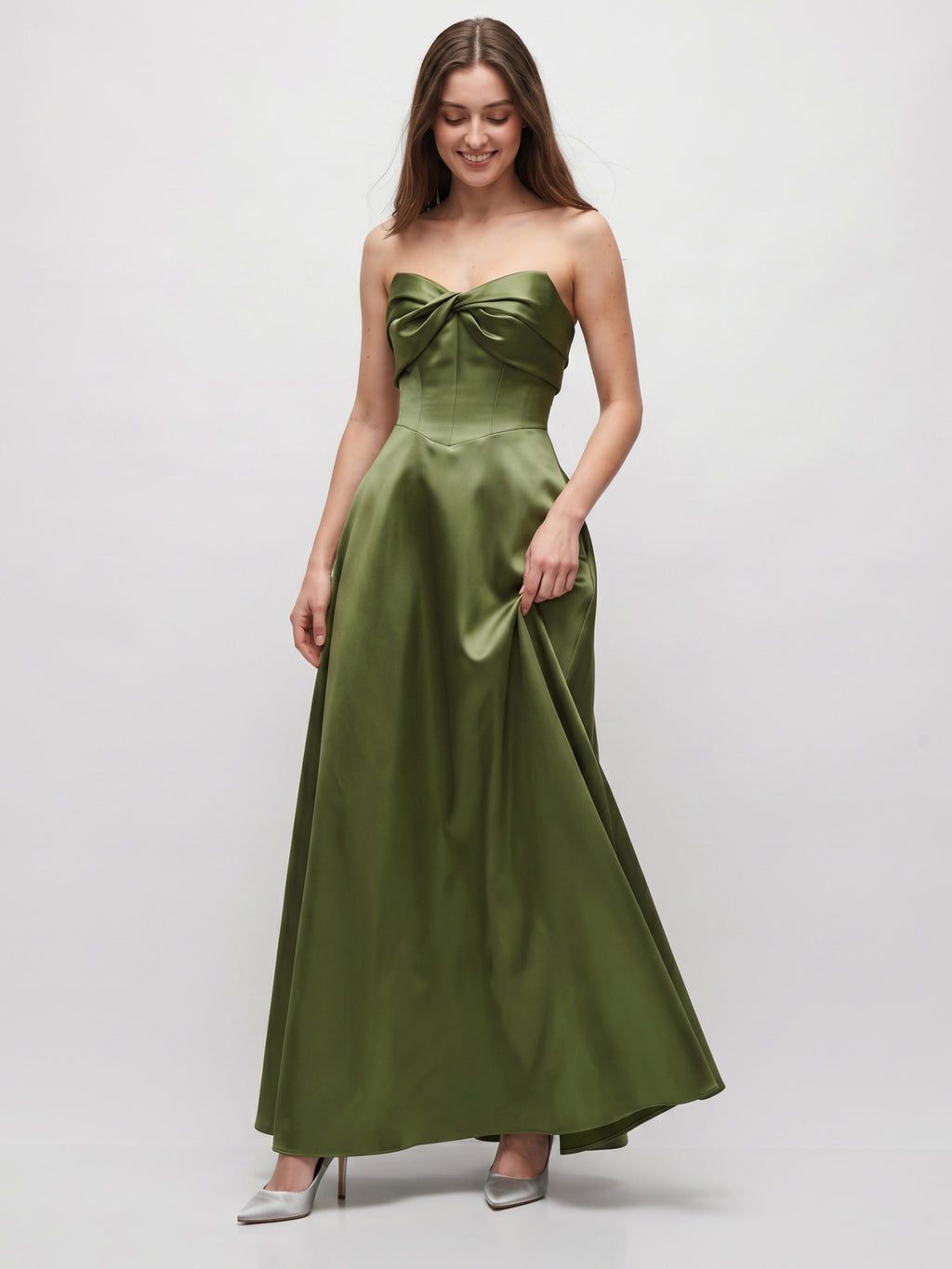 Olive Green Satin A-Line Off-the-Shoulder Back Zip Floor-Length Bridesmaid Dress with Pockets