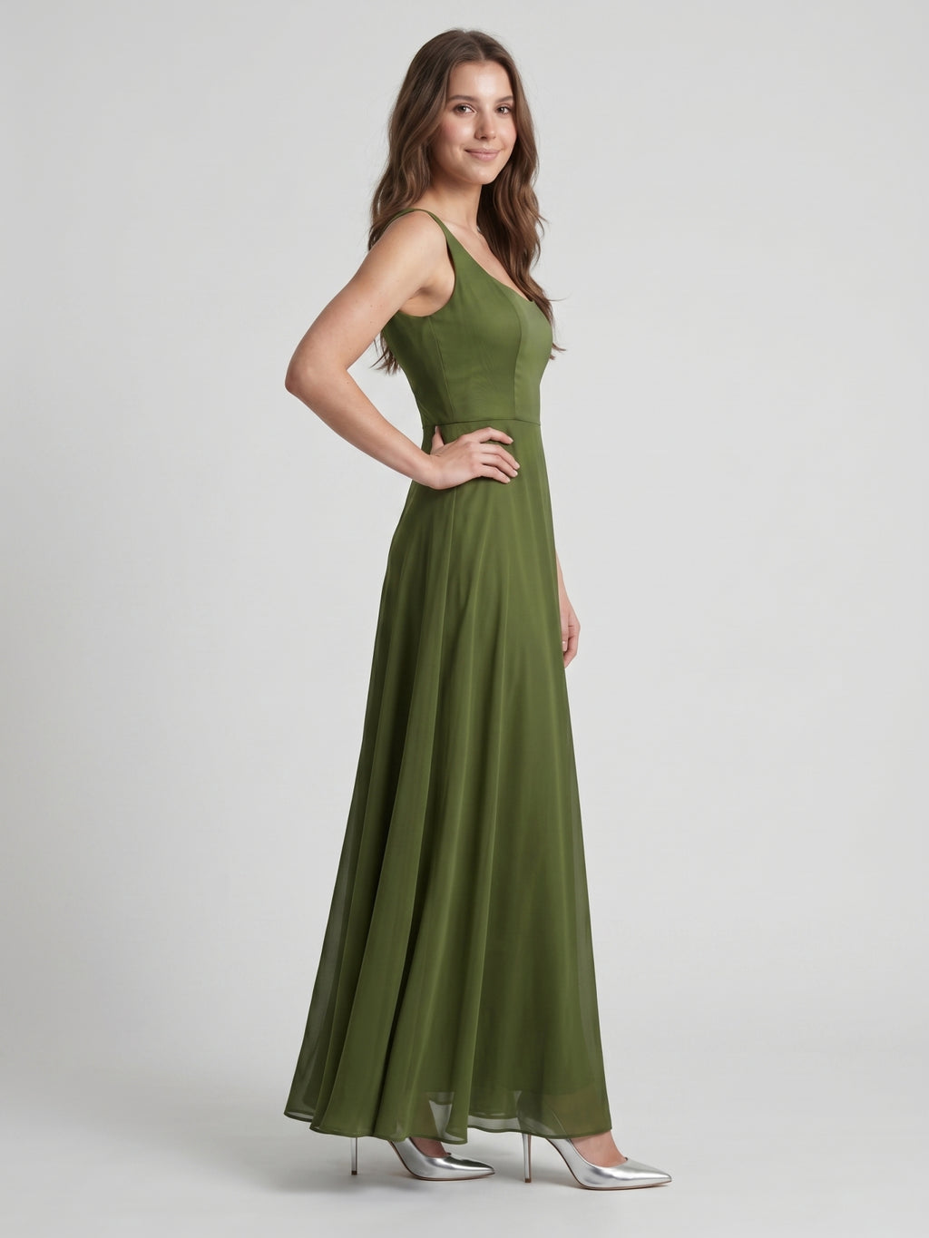 Olive Green Chiffon Column Scoop Neck Backless Floor-Length Bridesmaid Dress