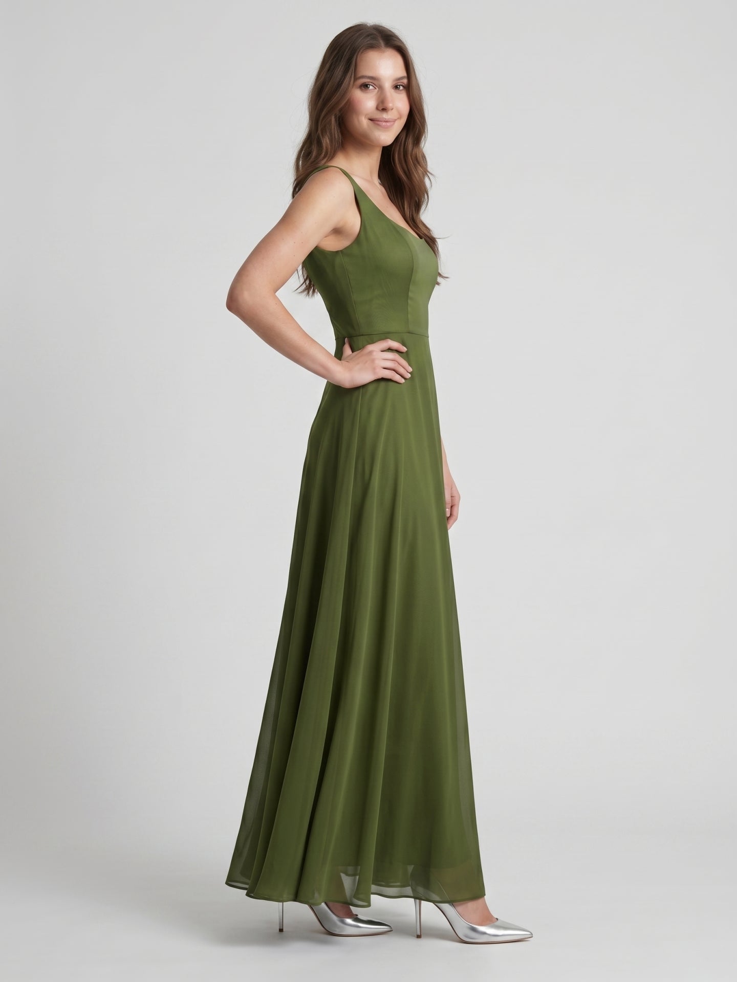 Olive Green Chiffon Column Scoop Neck Backless Floor-Length Bridesmaid Dress