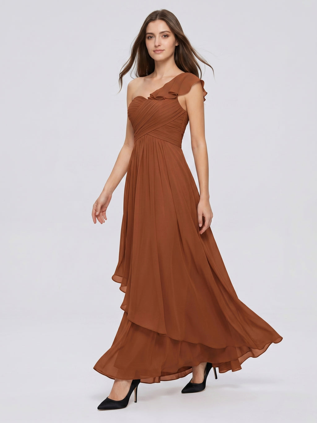 Terracotta Chiffon A-Line One Shoulder Backless Floor-Length Ruffle Bridesmaid Dress