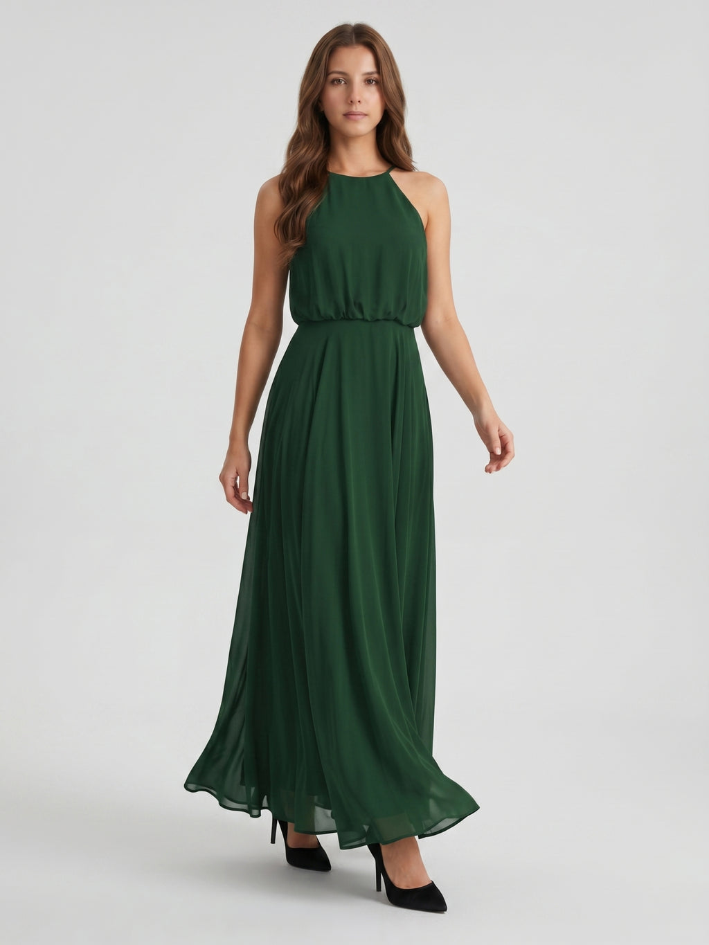Forest Green Chiffon A-Line Halter Backless Floor-Length Pleated Bridesmaid Dress