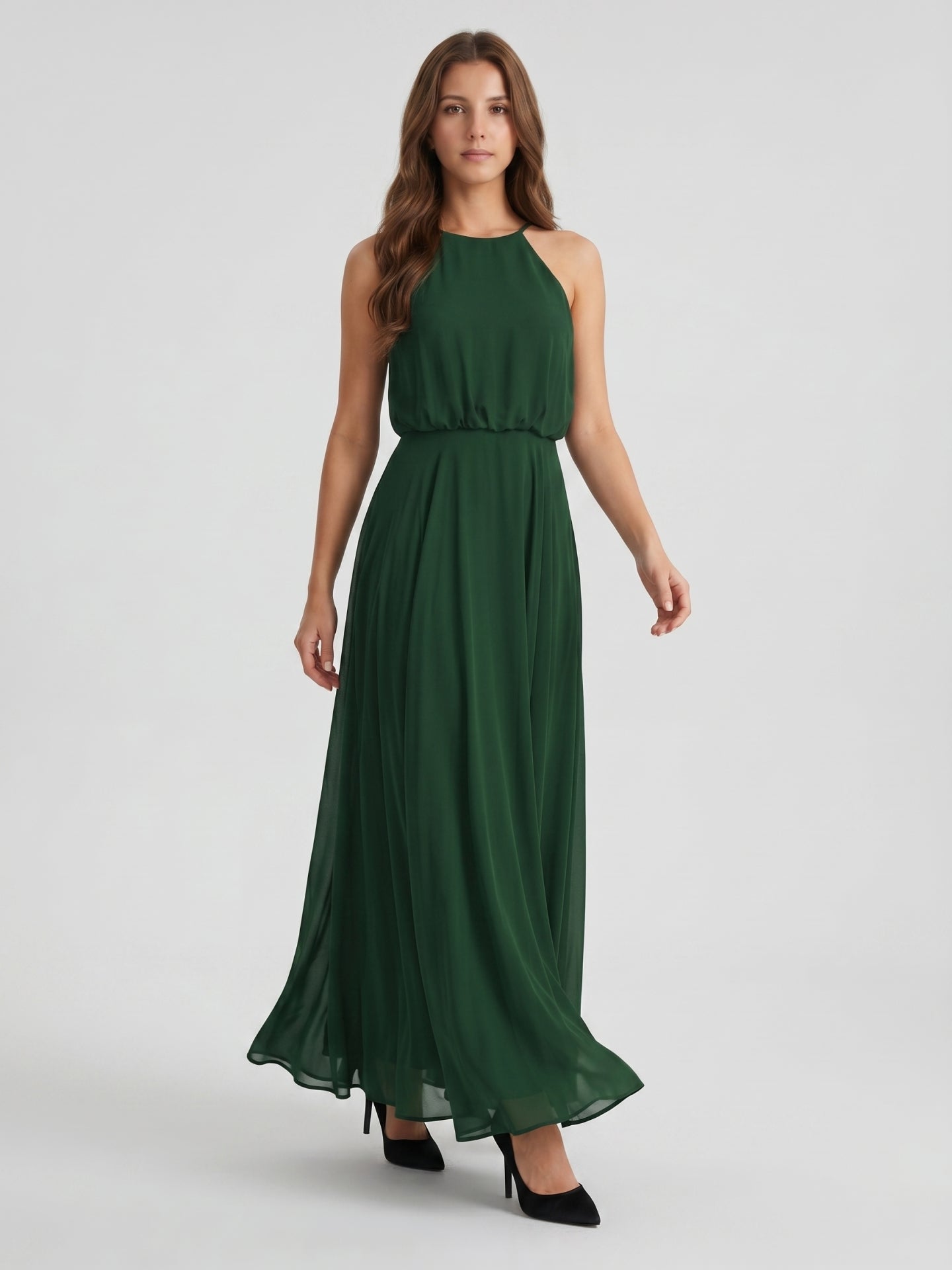 Forest Green Chiffon A-Line Halter Backless Floor-Length Pleated Bridesmaid Dress