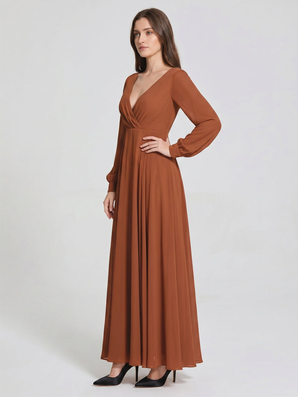 Terracotta Chiffon A-Line V-Neck Back Zip Floor-Length Pleated Bridesmaid Dress