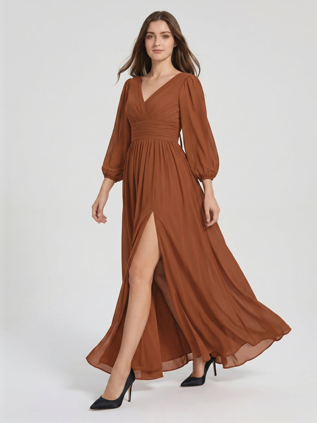 Terracotta Chiffon A-Line V-Neck V-Back Ankle-Length Pleated Bridesmaid Dress