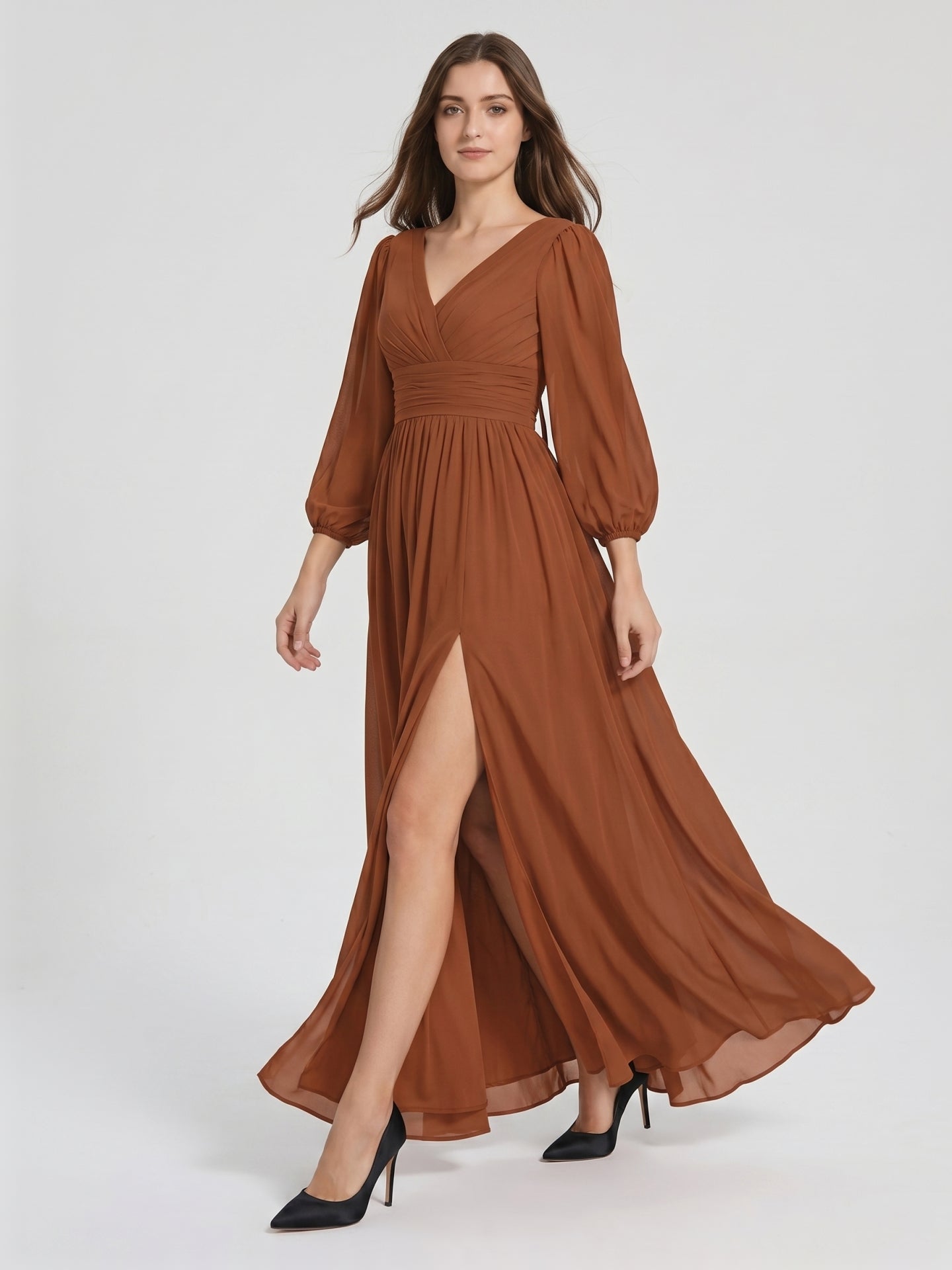 Terracotta Chiffon A-Line V-Neck V-Back Ankle-Length Pleated Bridesmaid Dress