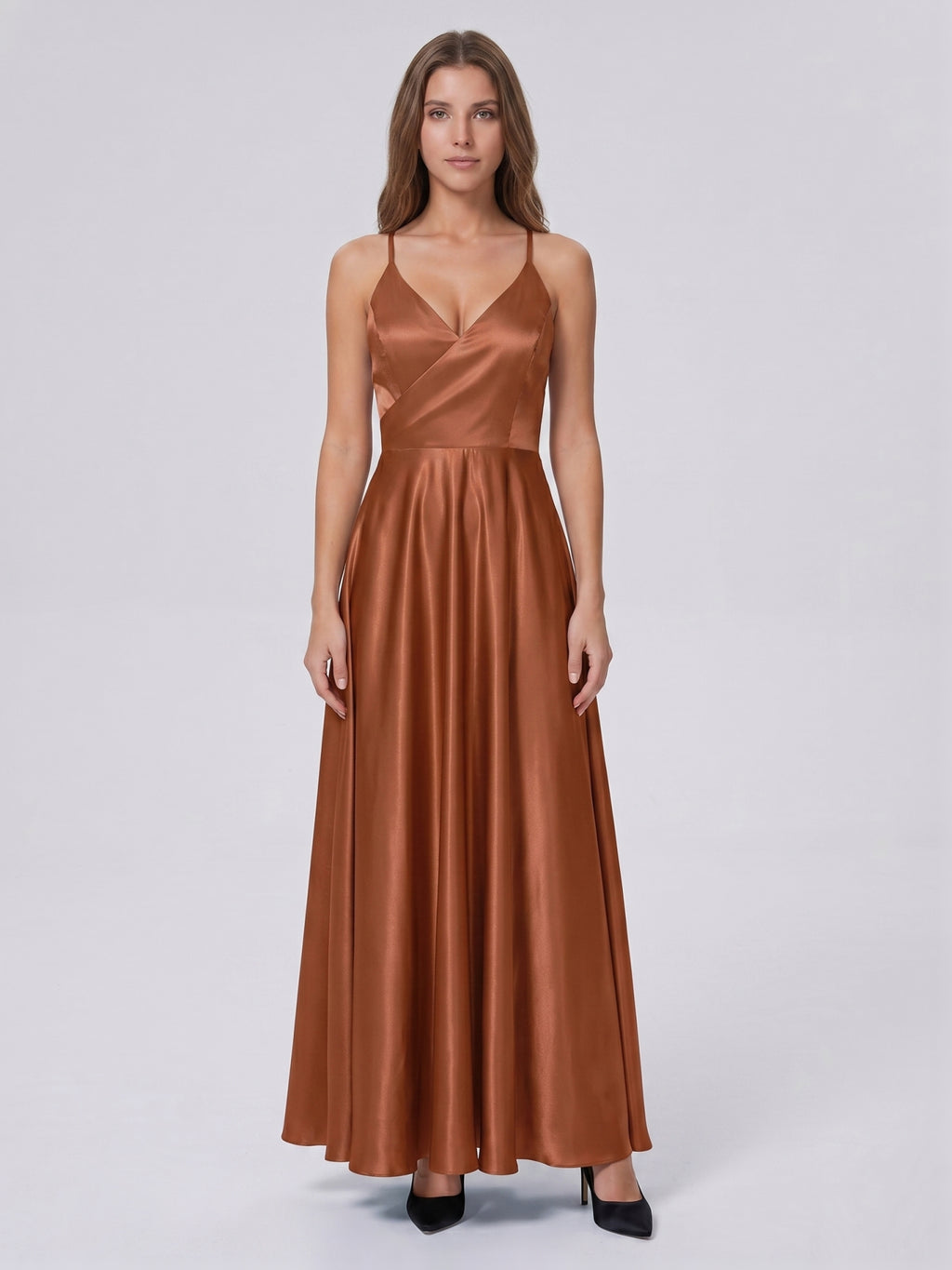 Terracotta Satin A-Line V-Neck Bow Back Floor-Length Bridesmaid Dress with Bow