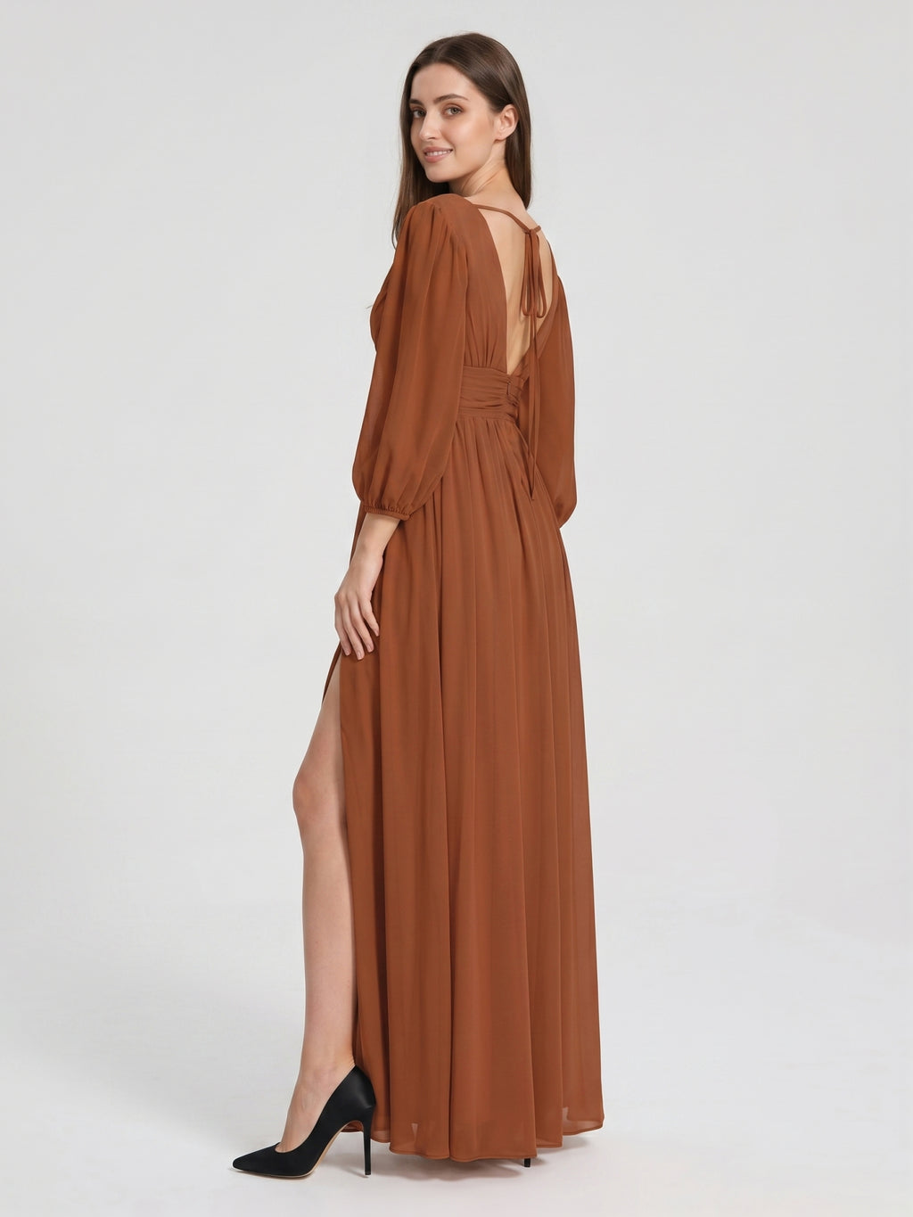 Terracotta Chiffon A-Line V-Neck V-Back Ankle-Length Pleated Bridesmaid Dress