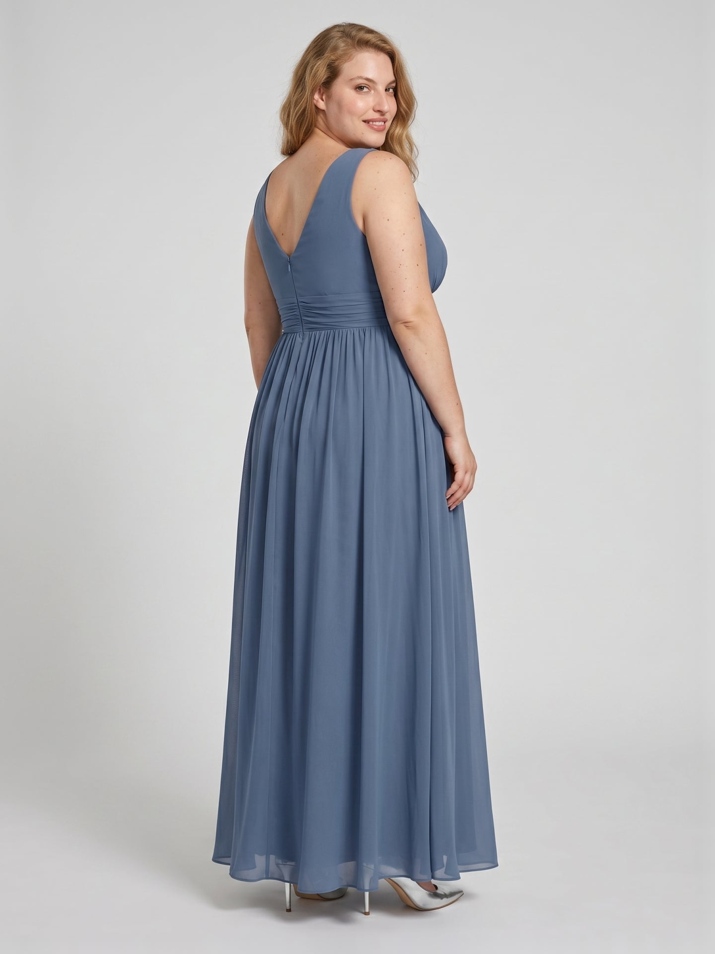 Simple Stormy Chiffon Empire V-Neck Back Zip Ankle-Length Plus Size Bridesmaid Dress