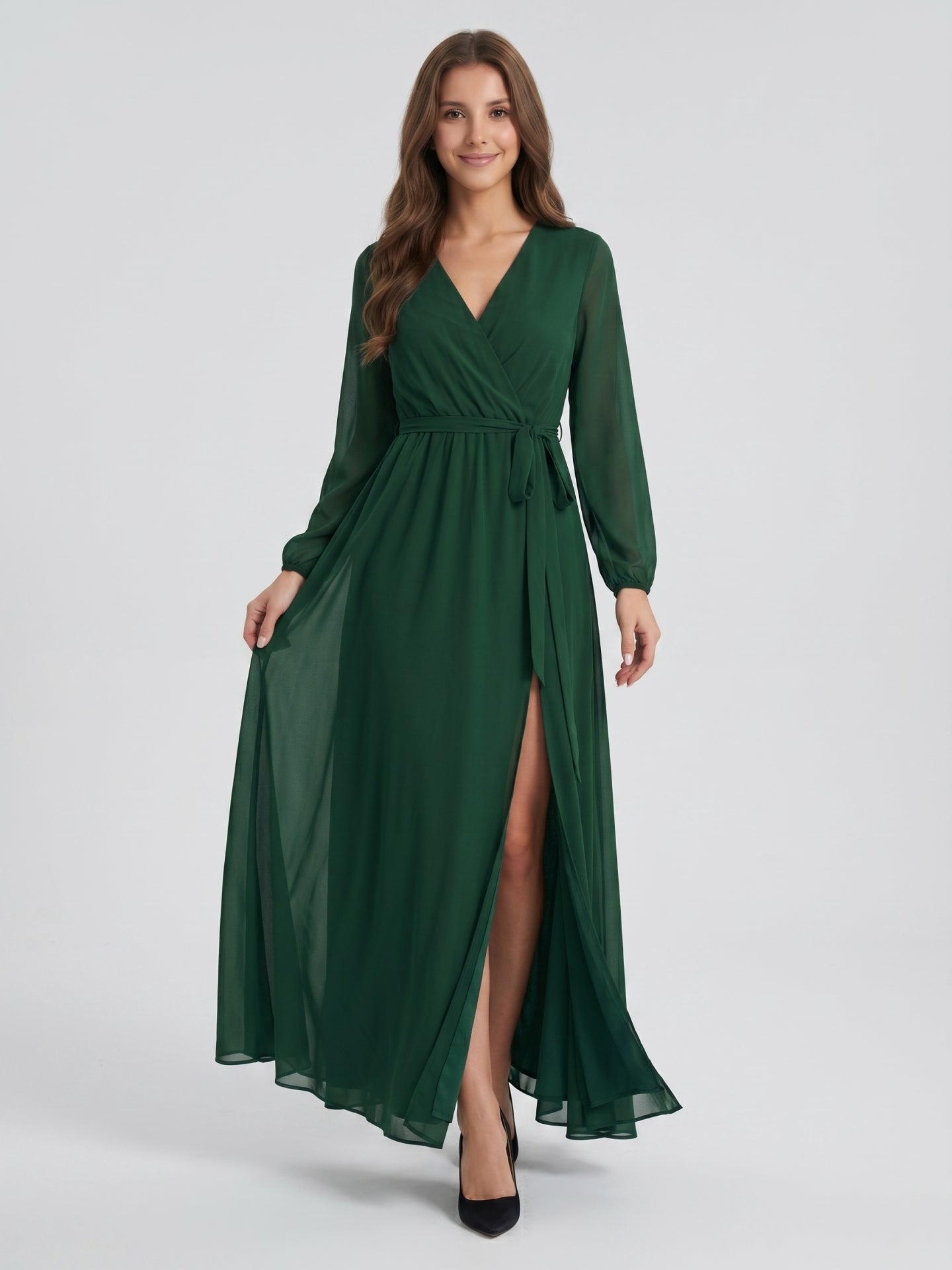 Forest Green Chiffon A-Line V-Neck Back Zip Floor-Length Pleated Bridesmaid Dress