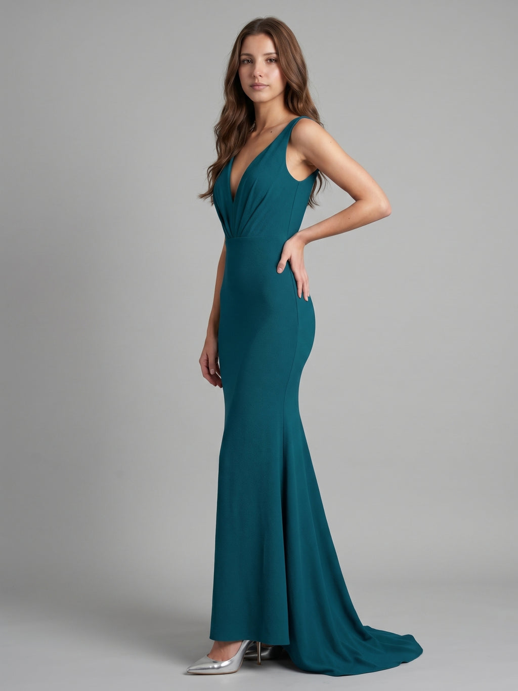 Teal Stretch Knit Mermaid V-Neck Backless Floor-Length Bridesmaid Dress