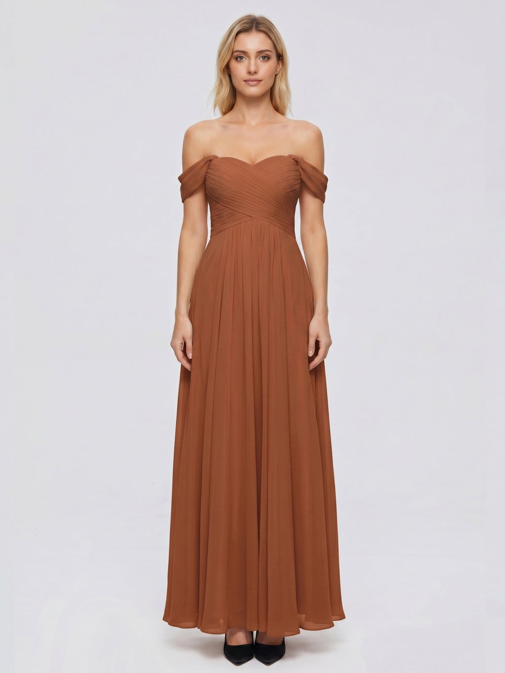 Terracotta Chiffon A-Line Off-the-Shoulder Backless Floor-Length Pleated Dress