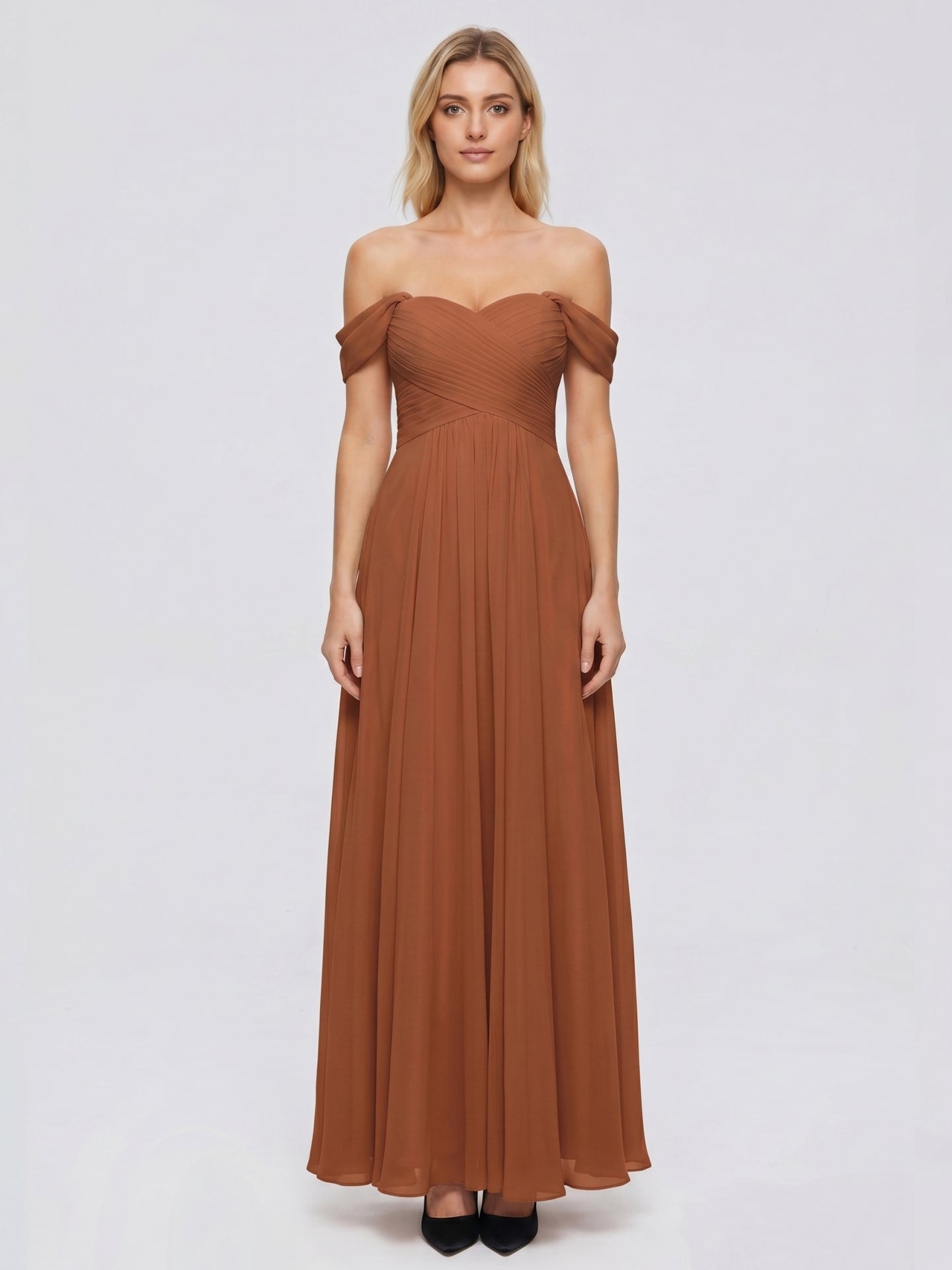 Terracotta Chiffon A-Line Off-the-Shoulder Backless Floor-Length Pleated Dress