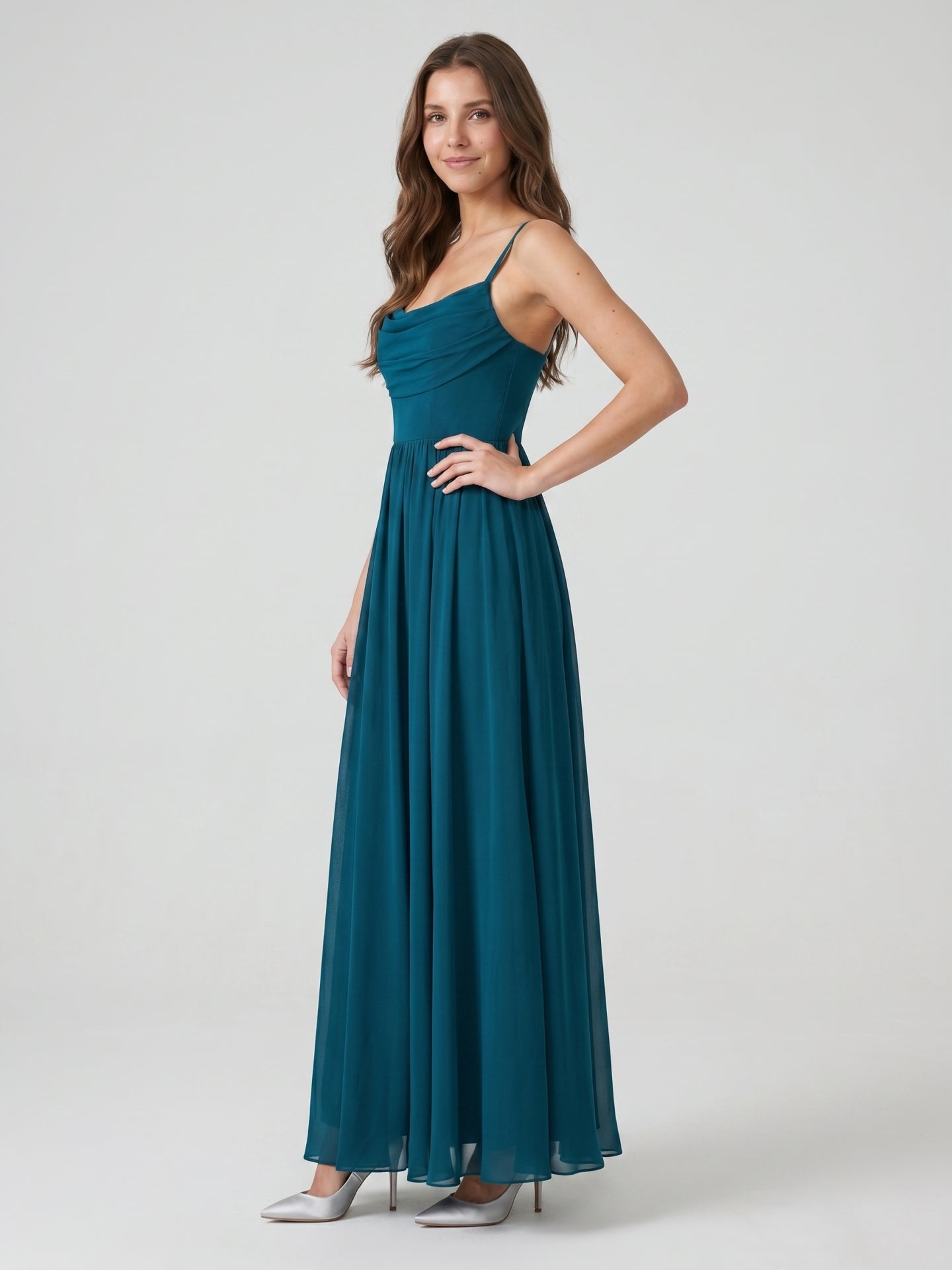 Teal Chiffon A-Line Cowl Neck Backless Floor-Length Pleated Bridesmaid Dress