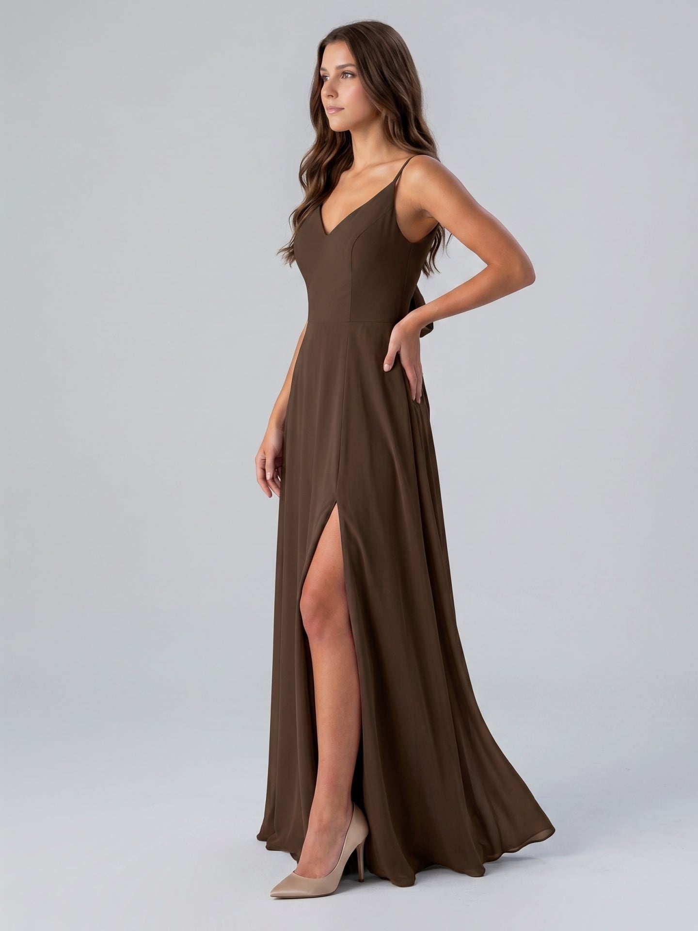 Mocha Chiffon A-Line V-Neck Lace-Up Back Floor-Length Bridesmaid Dress with Bow