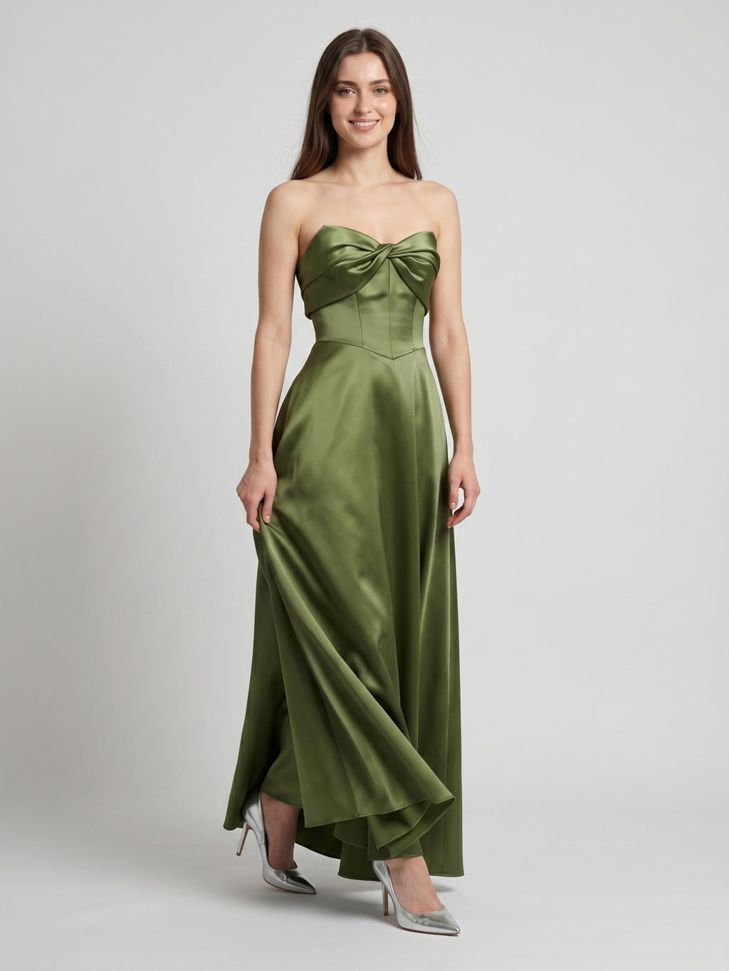 Olive Green Satin A-Line Off-the-Shoulder Back Zip Floor-Length Bridesmaid Dress with Pockets
