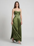 Olive Green Satin A-Line Off-the-Shoulder Back Zip Floor-Length Bridesmaid Dress with Pockets
