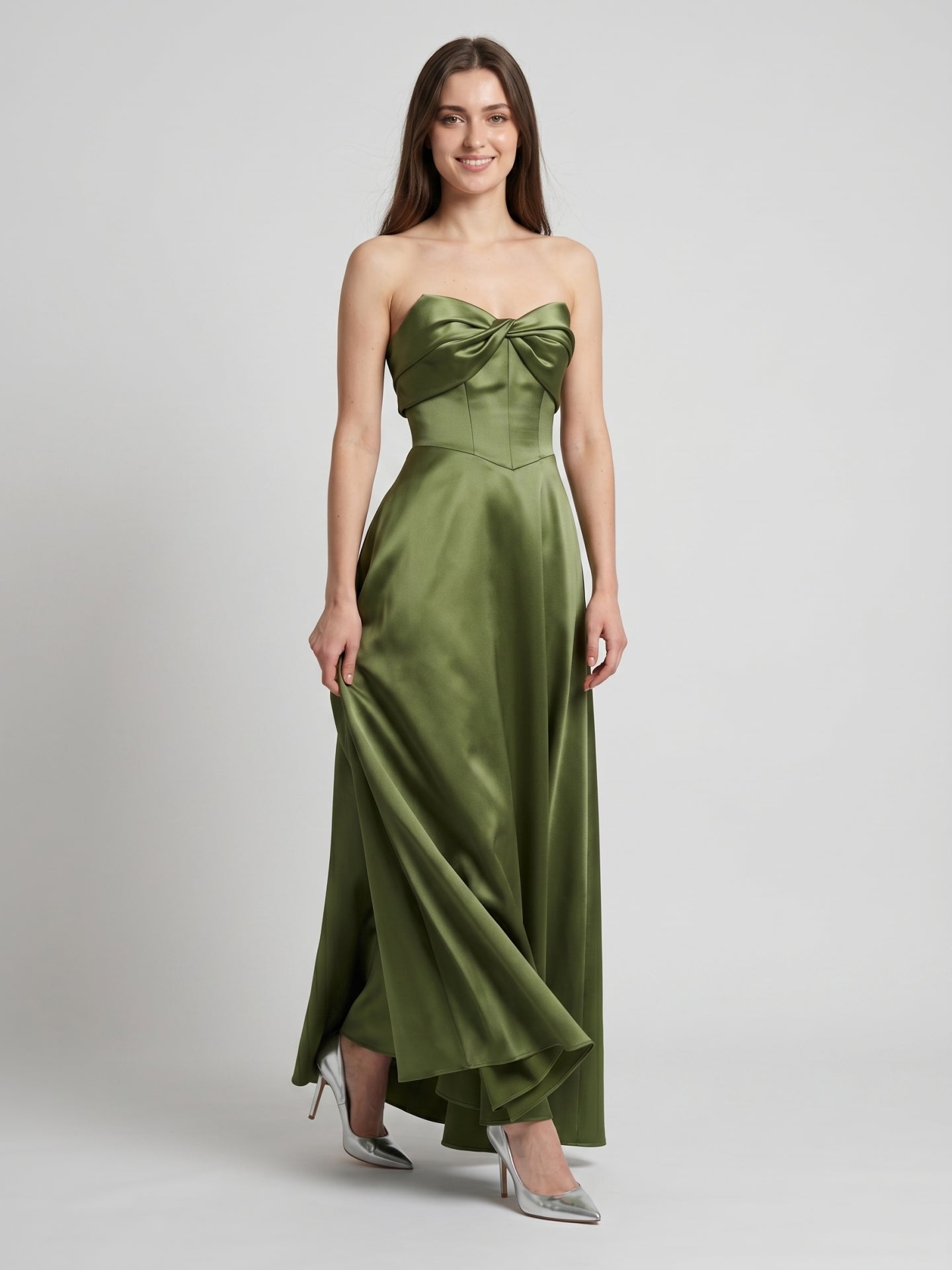 Olive Green Satin A-Line Off-the-Shoulder Back Zip Floor-Length Bridesmaid Dress with Pockets